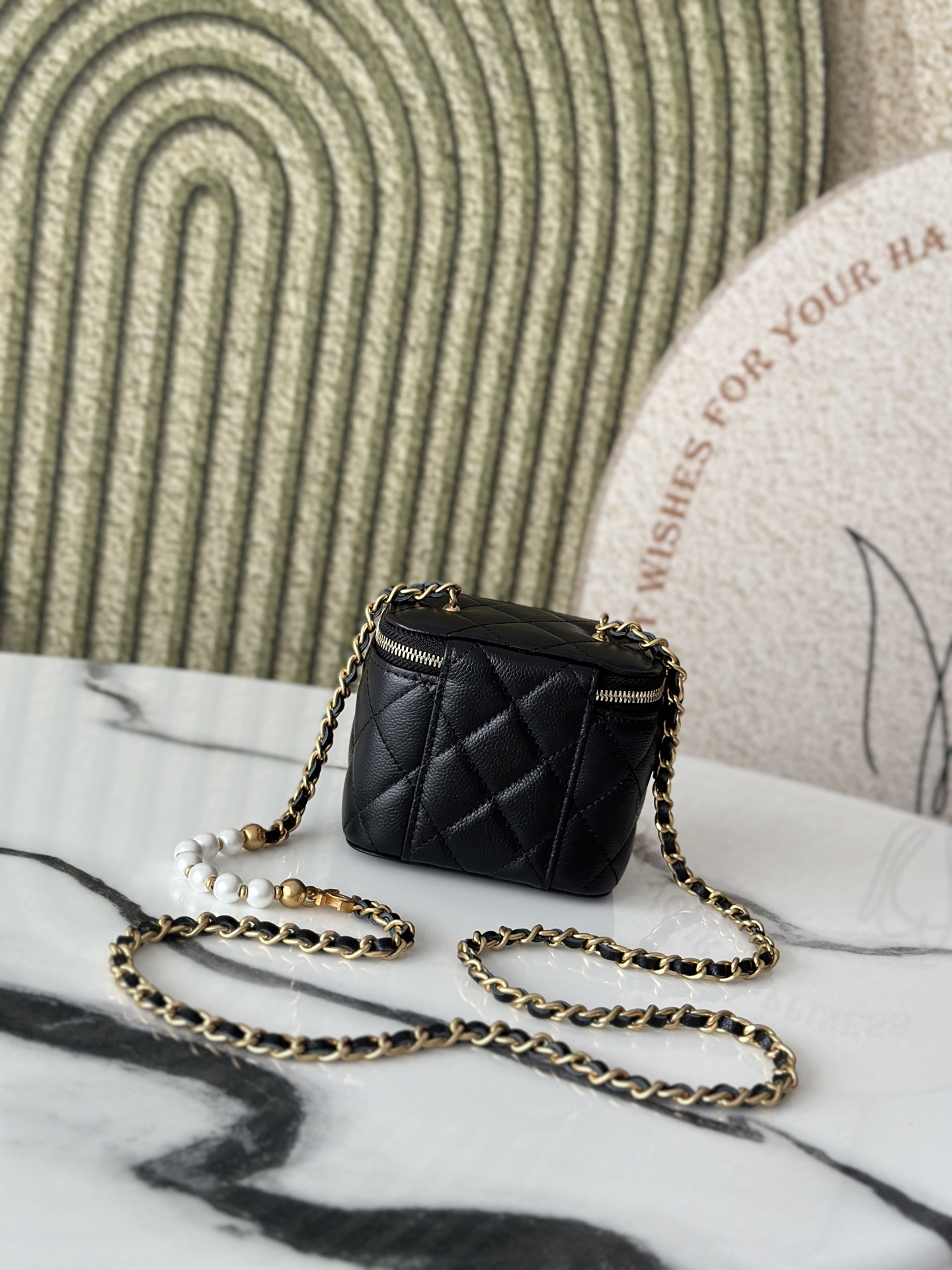 Mini Vanity Case with Pearl Chain (AP3940) in Black Caviar Leather with Gold-Tone Hardware - Mocuir