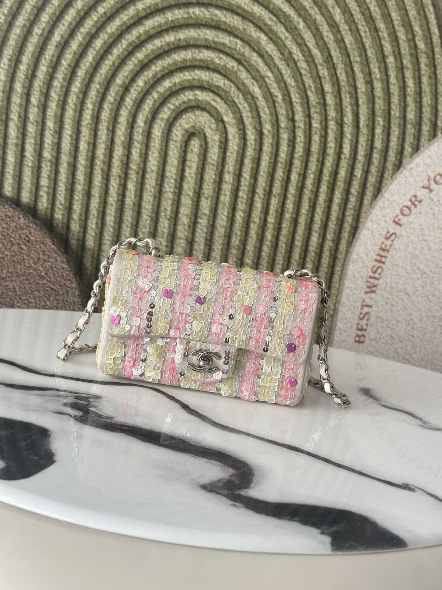 25C Mini Classic Flap Bag (AS3269) in Multicolor Striped Hand-Embroidered Sequins on Lambskin with Silver-Tone Hardware - Mocuir