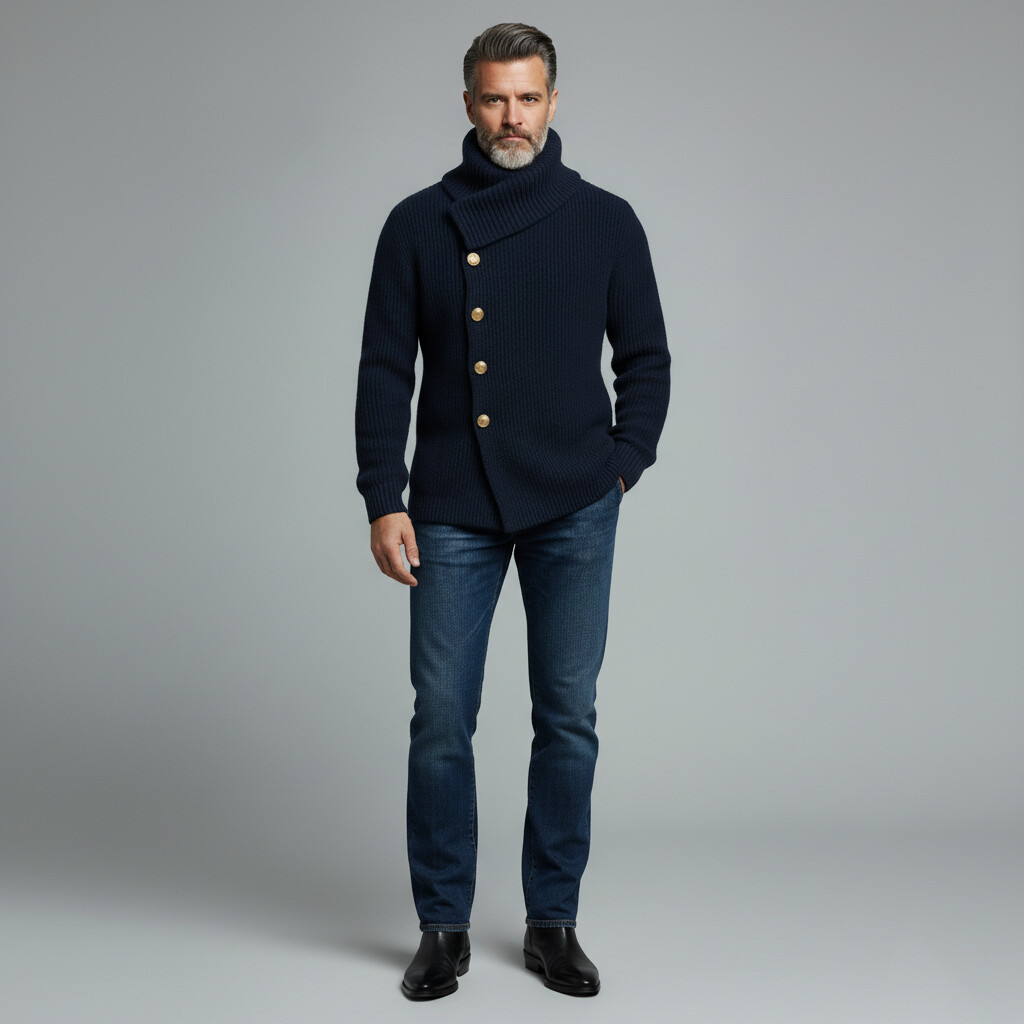 Men's Navy Blue High Neck Long Sleeve Asymmetrical Button Ribbed Knit Sweater Cardigan