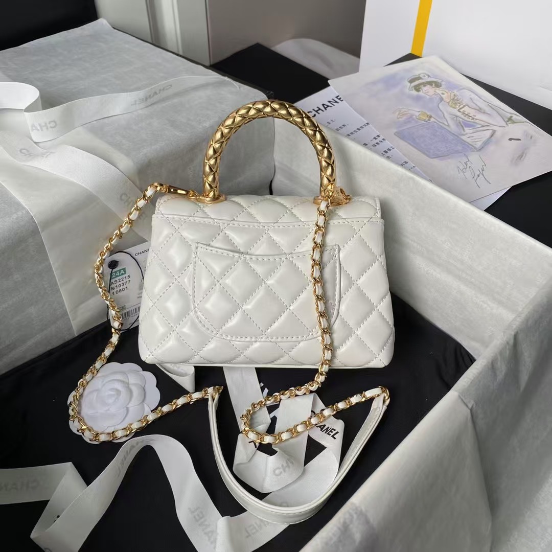 AS2215 Mini Flap Bag With Metal Top Handle Shiny Calfskin White