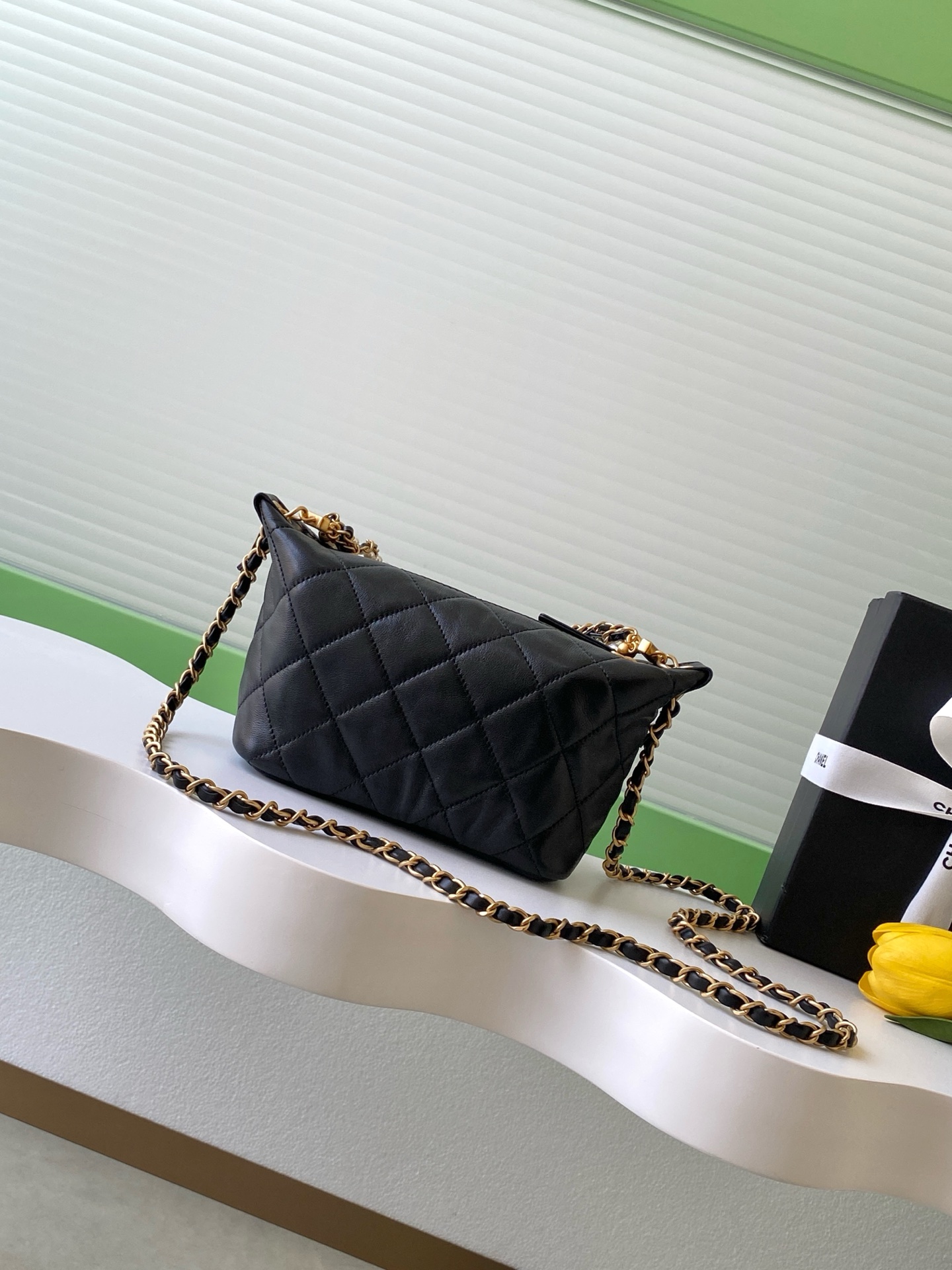 Quilted Lambskin Hobo Bag with Pearl Chain in Black (Gold Hardware) - Mocuir