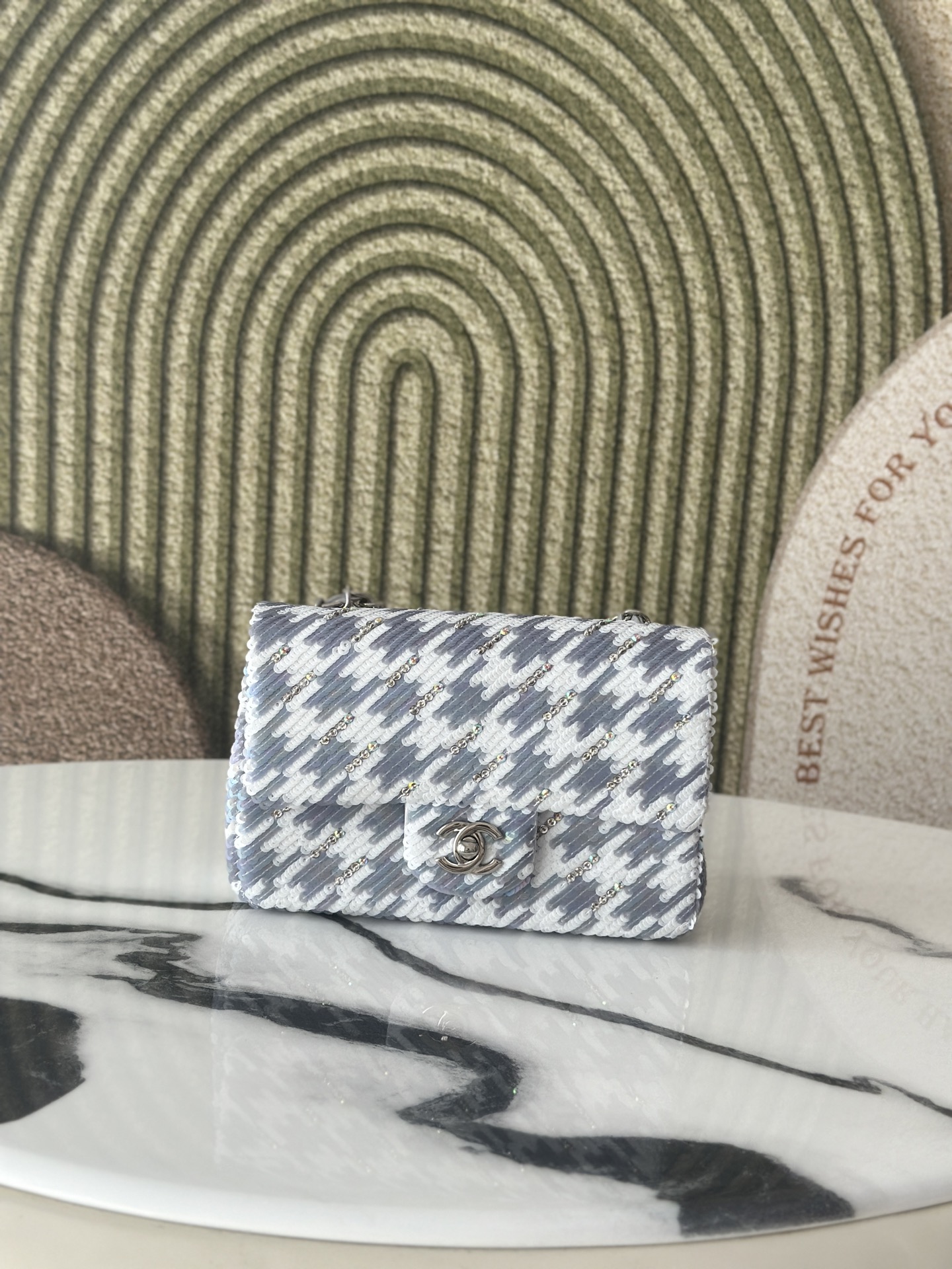 Limited Edition Silver Grey & White Houndstooth Sequin & Strass Mini Classic Flap Bag with Silver-Tone Hardware - Mocuir