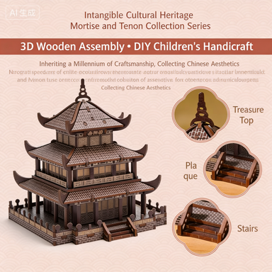 Yueyang Tower Mortise and Tenon DIY Kit | 3D Wooden Puzzle Nail-Free Glue-Free | Chinese Ancient Architecture Intangible Cultural Heritage Handicraft | STEM Educational Toy for Adults & Teens | Home Decor Collection & Cultural Gift岳阳楼榫卯 DIY 拼装套件 | 3D