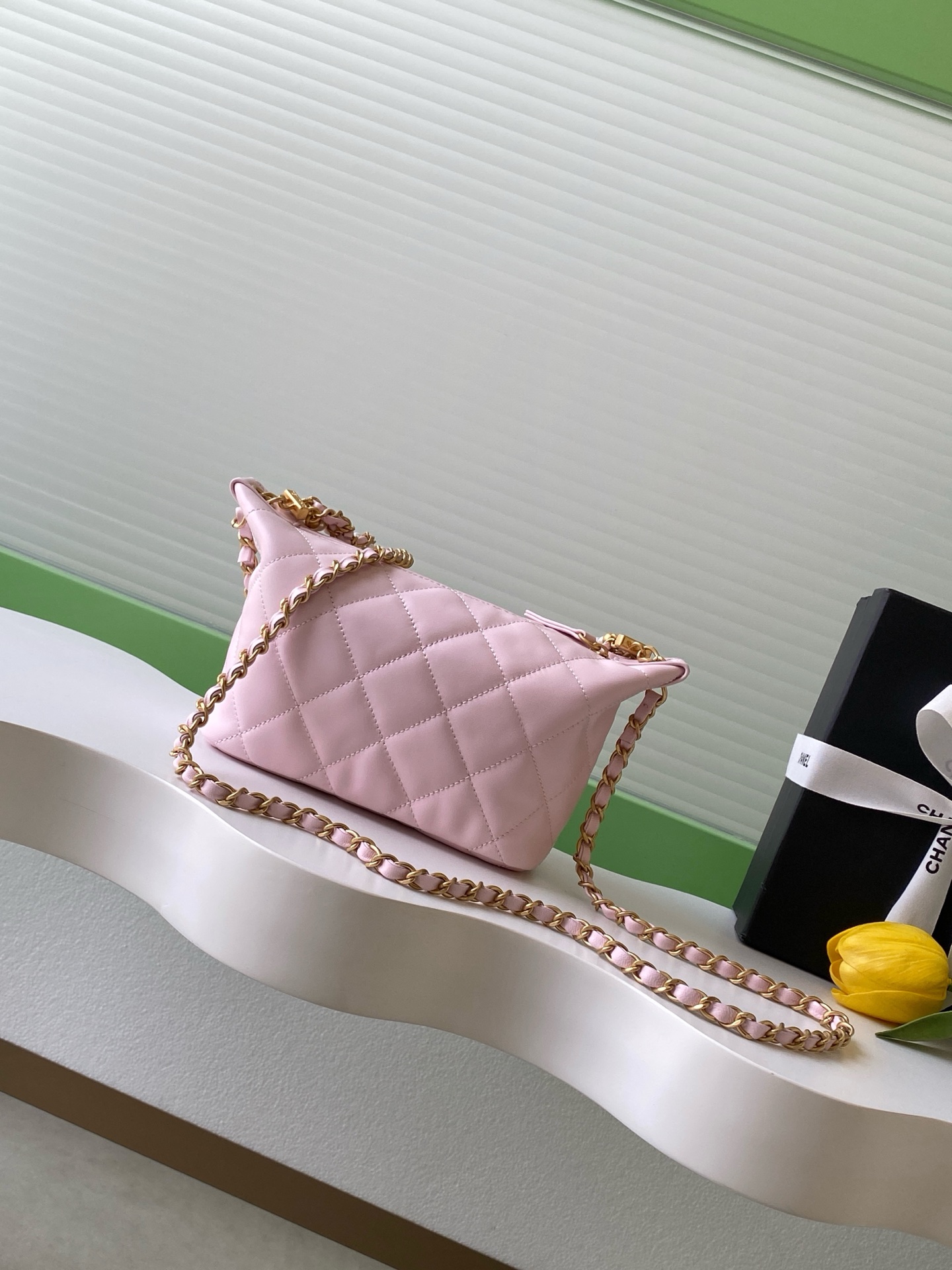 Quilted Lambskin Hobo Bag with Pearl Chain in Light Pink (Gold Hardware) - Mocuir