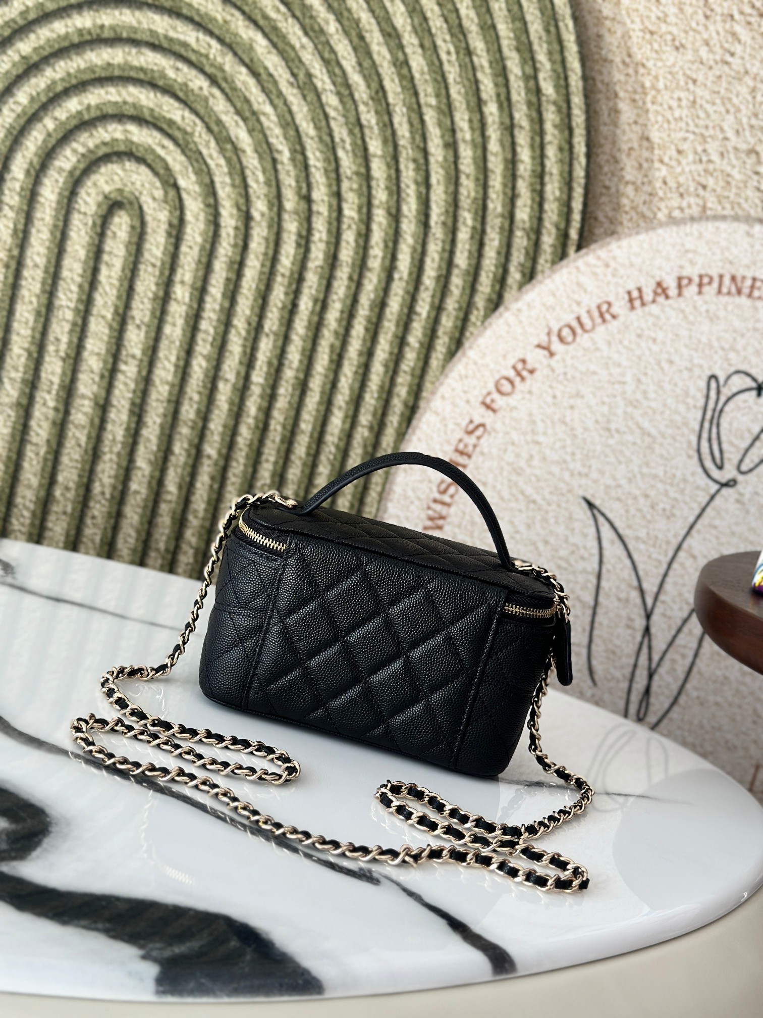 Mini Rectangular Vanity Case with Top Handle in Black Quilted Caviar Leather with Gold-Tone Hardware - Mocuir