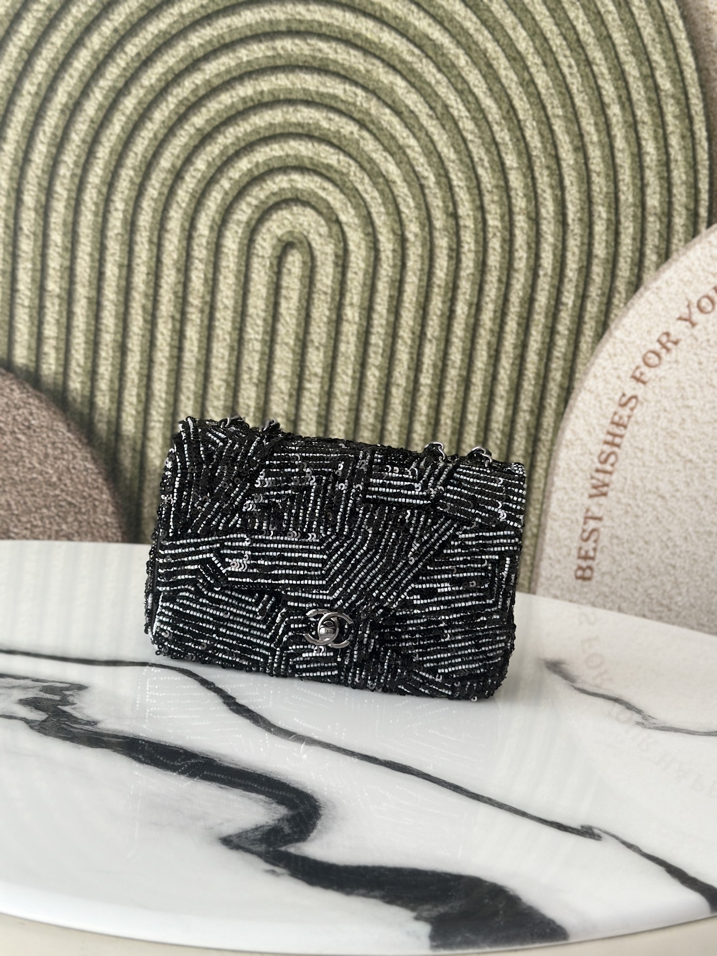 25C Classic Flap Black & White Diagonal Stripe Sequin Bag - Mocuir