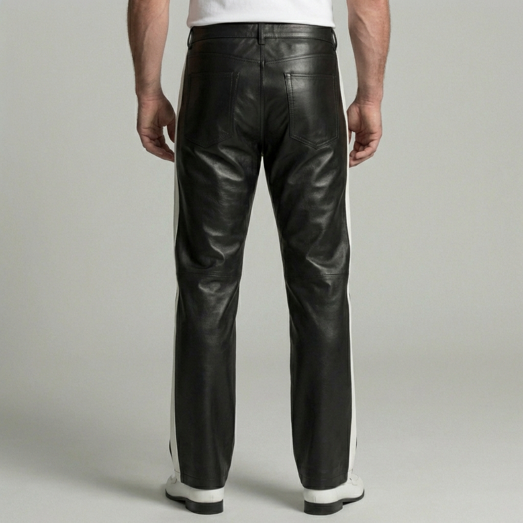 Men's Black PU Leather Contrast Stripes Straight Leg Pants