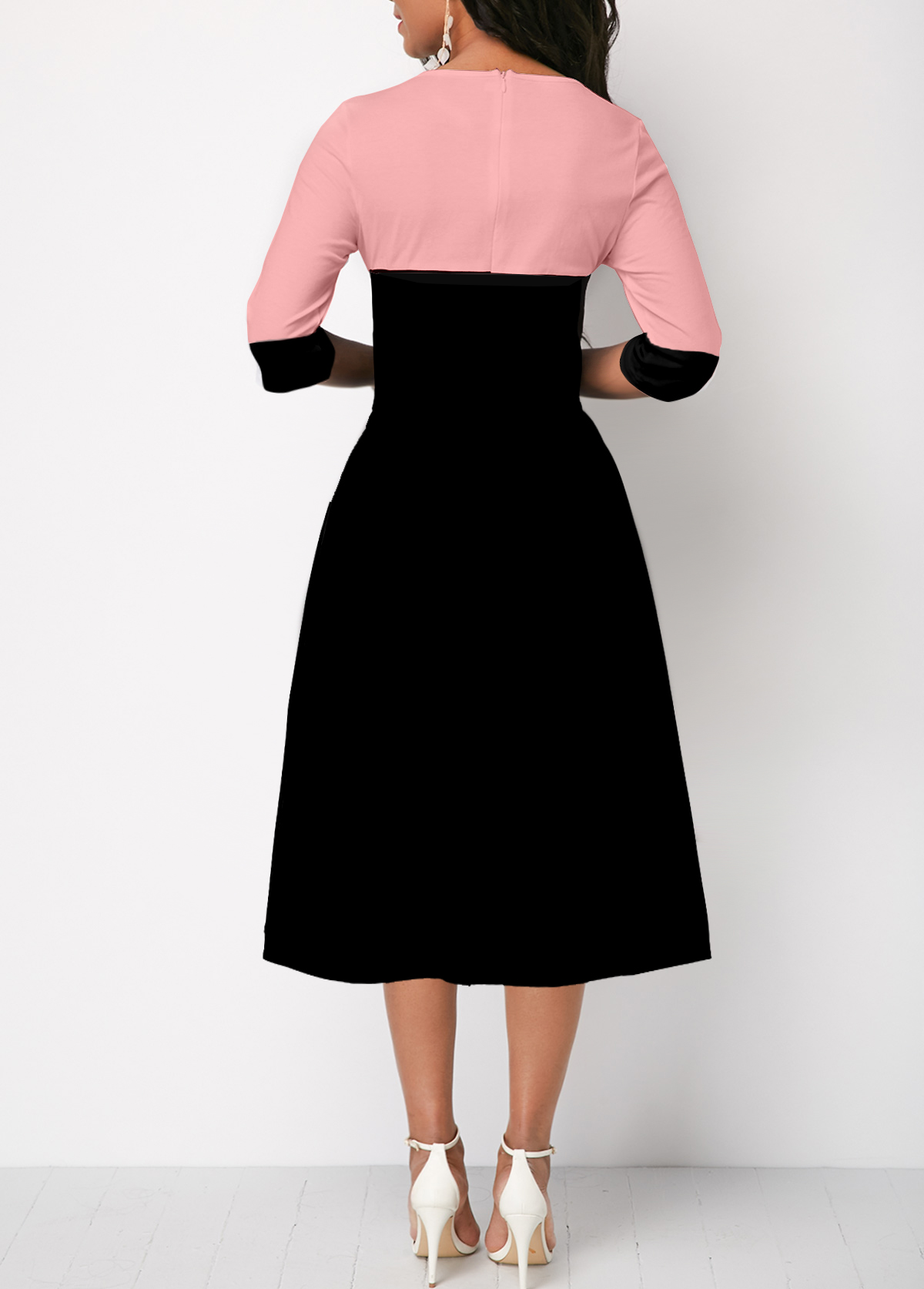 Pink High Waisted Faux Two Piece Round Neck Dress