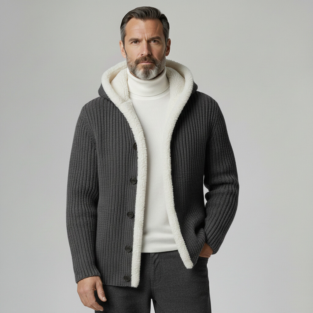 Men's Casual Grey Hooded Single Breasted Long Sleeve Fleece-Lined Sweater Cardigan