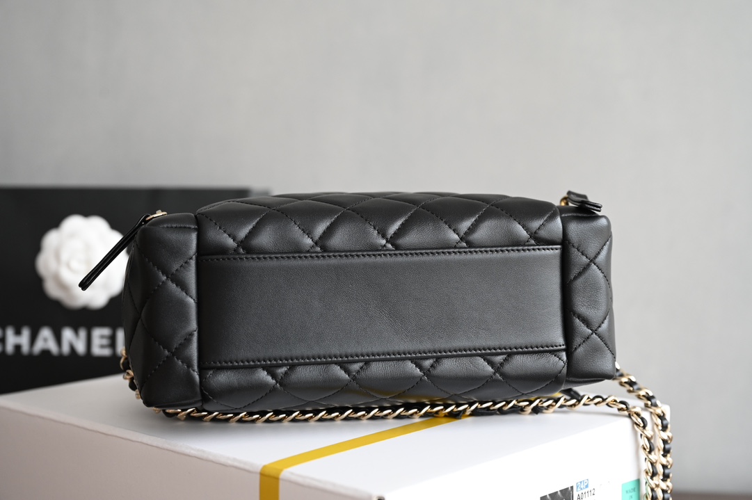 23P24C Vanity Case Shoulder Bag in Black Shiny Lambskin with Gold-Tone Hardware (Model AS3737) - Mocuir