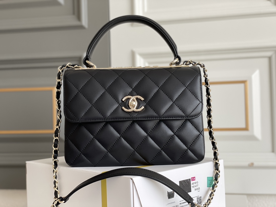 Trendy CC Small Top Handle Flap Bag in Black Quilted Lambskin with Gold-Tone Hardware (Model A92236) - Mocuir