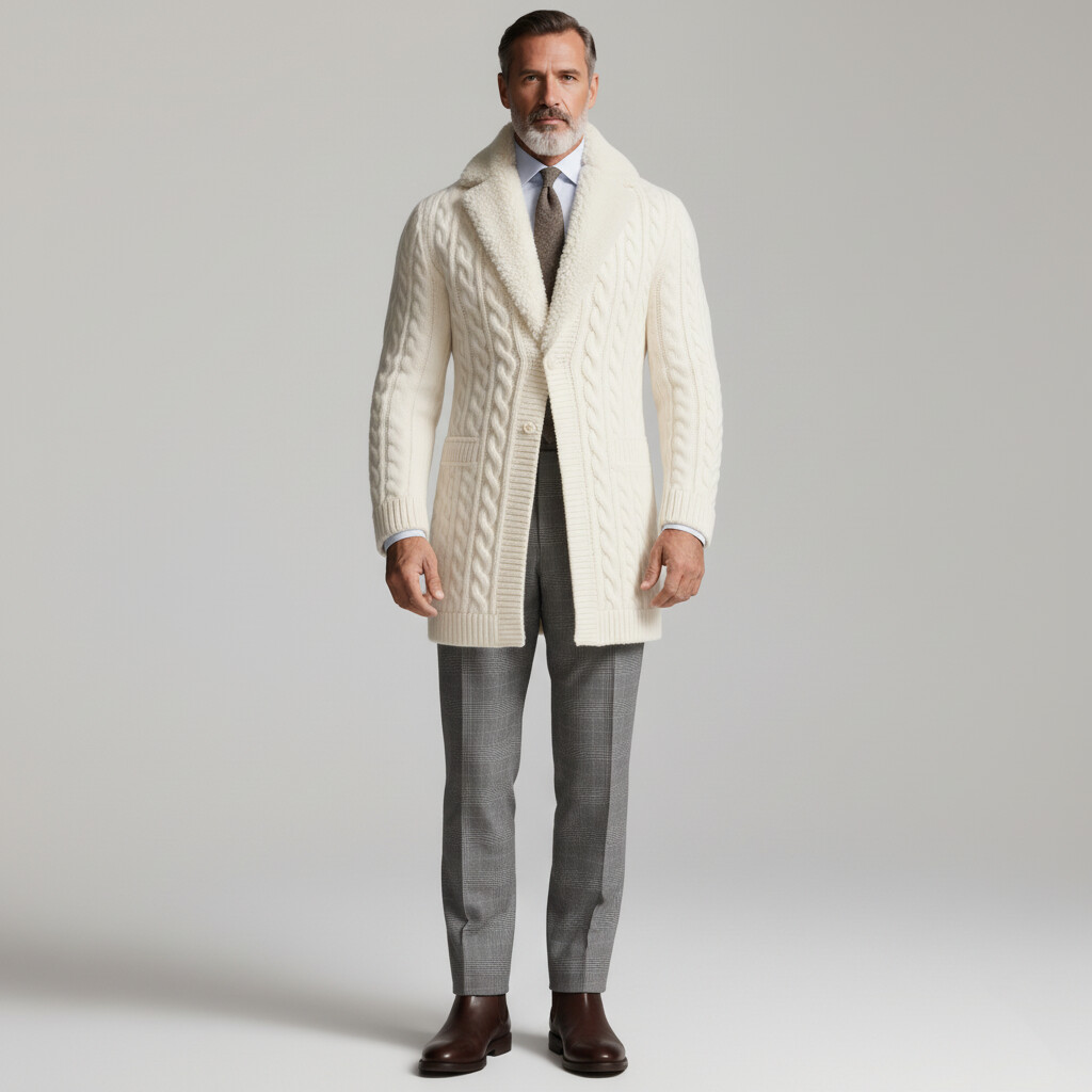 Men's Beige Cable Knit Shearling Collar Long Sleeve Two Button Sweater Coat