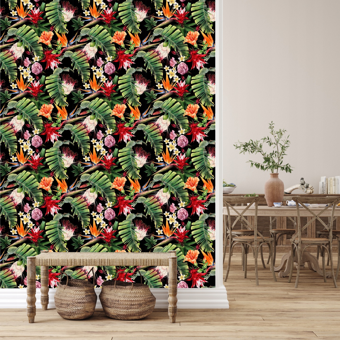Black wallpaper with leaves and flowers, non-woven roll, living room