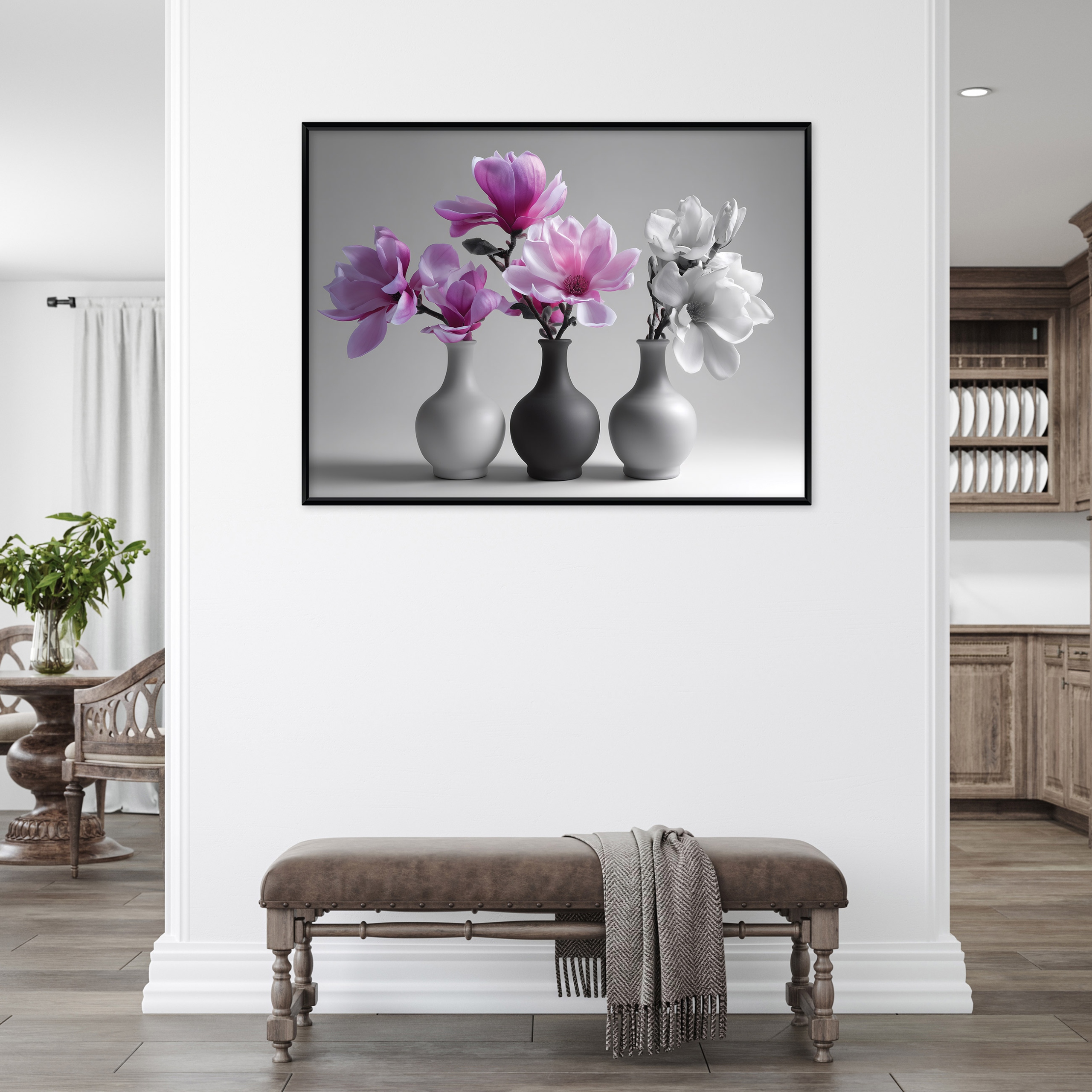 Black-framed canvas painting of flowers in a vase, living room, bedroom, 40x30