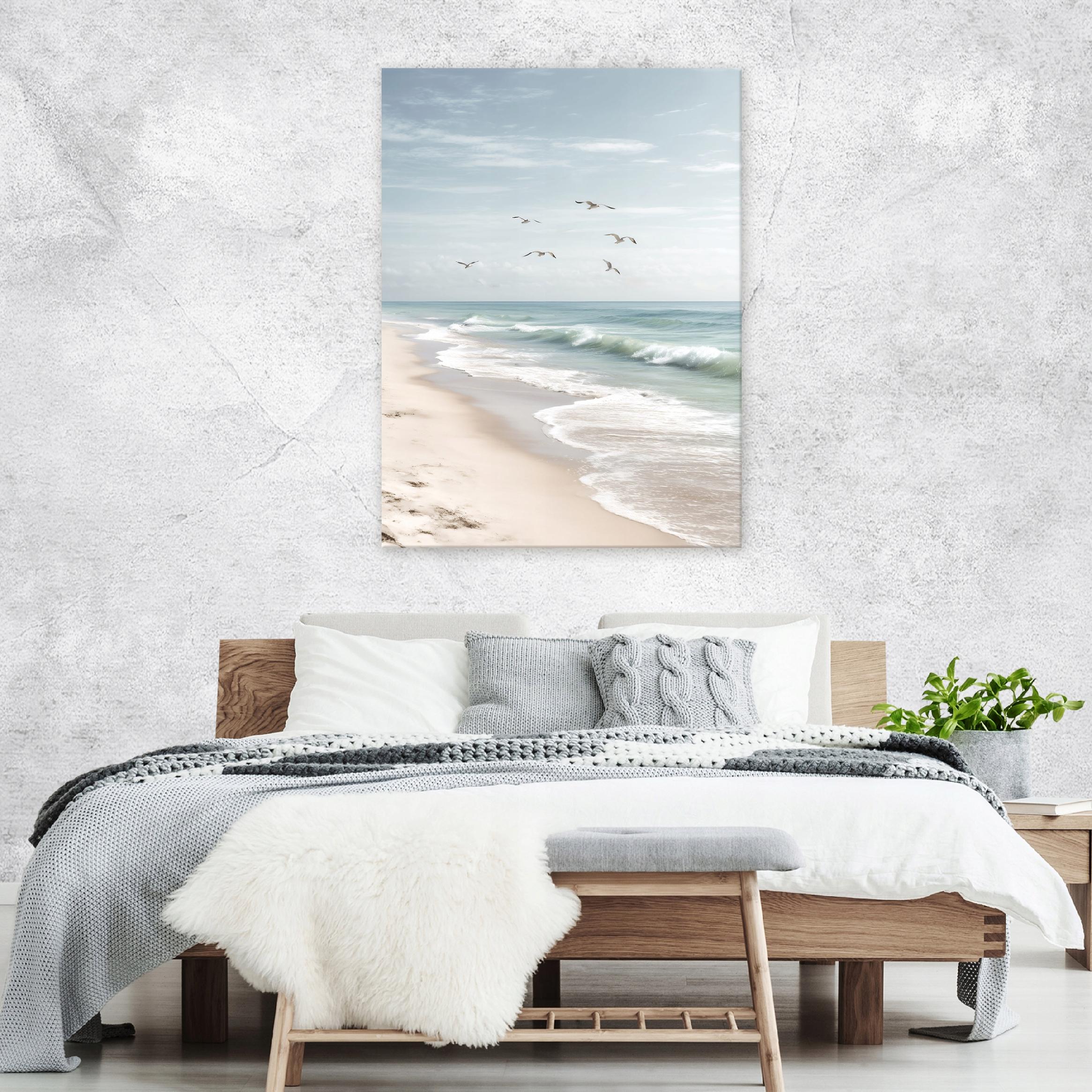 Seascape with beach, birds, and nature—a landscape painting on canvas (40x30 cm) for the bedroom or living room