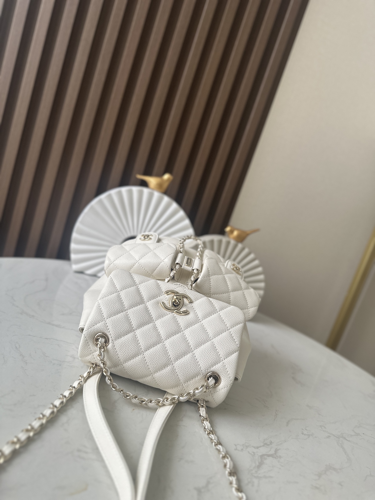 Classic Quilted Caviar Duma Backpack in White (Gold Hardware) - Mocuir