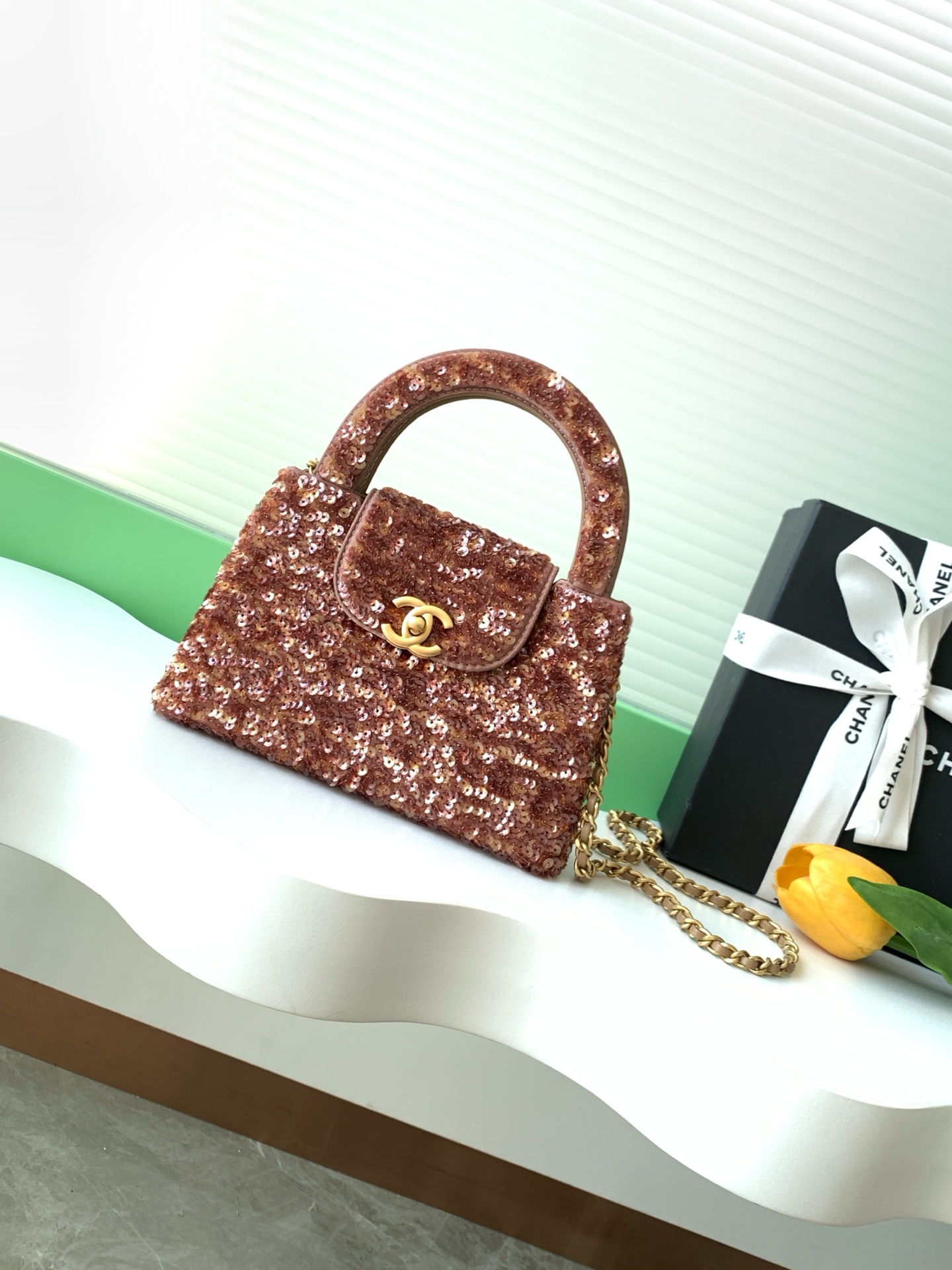 26C Mini Kelly Top Handle Shopping Bag (AS4416) in Rose Gold Bronze Sequins with Light Gold-Tone Hardware - Mocuir