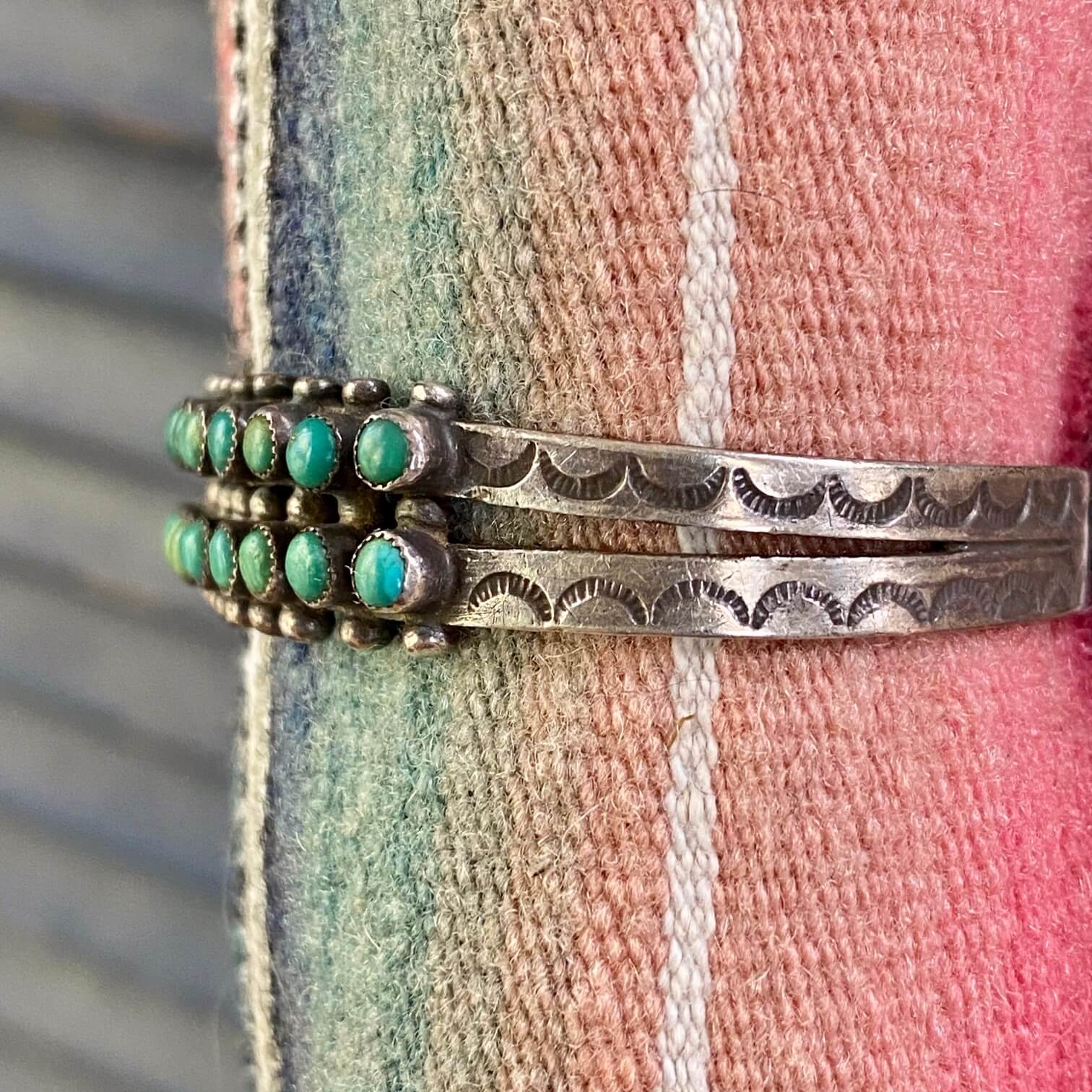 Old Zuni Turquoise Dots Double Row Bracelet Sterling Silver