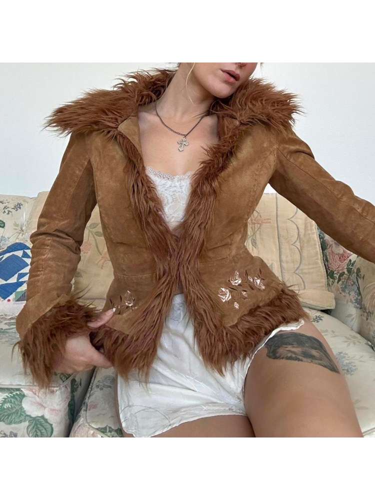 Flower Embroidery Suede Fur Trim Lapel Jackets
