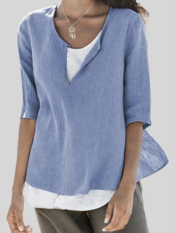 Solid Color Crew Neck Front Slit Stylish Pullover Top
