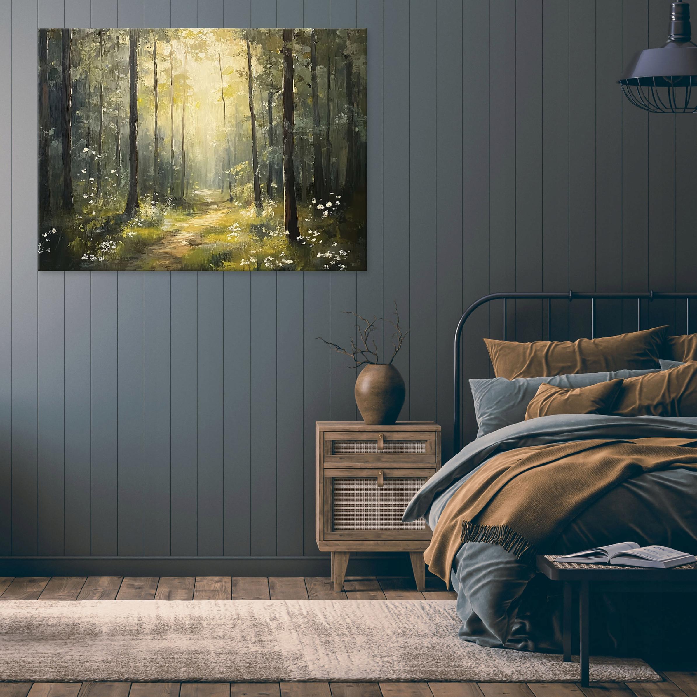 3D forest painting with trees and sun for bedroom, living room, or kitchen on 40x30 canvas