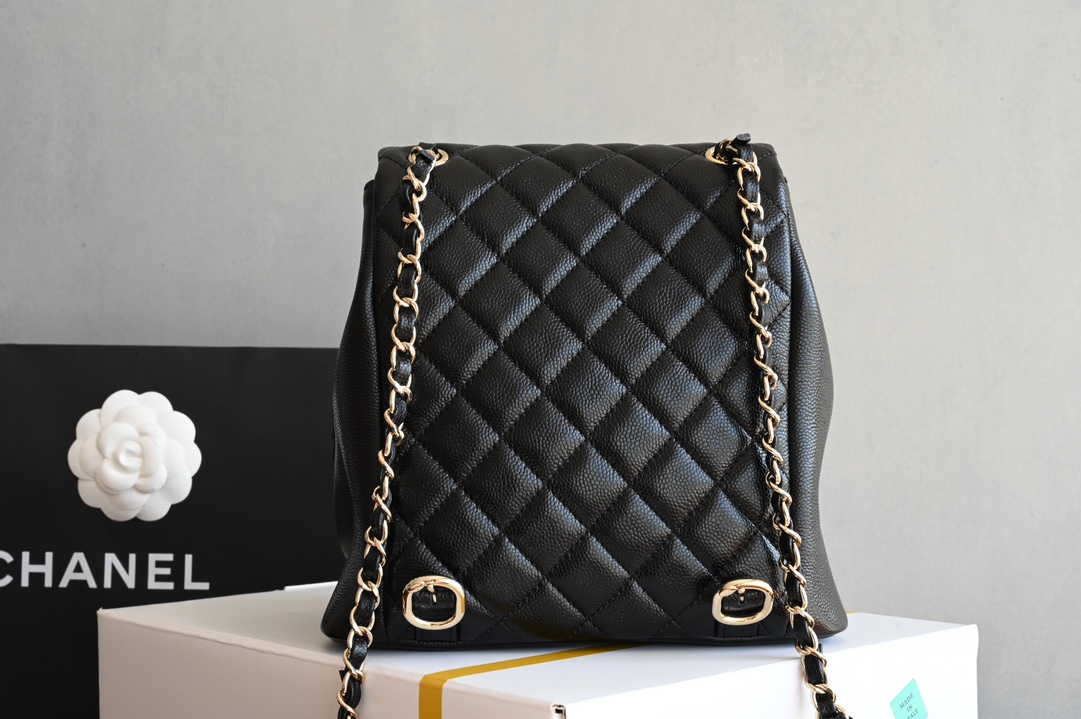 25P Duma Backpack in Black Caviar Leather with Light Gold-Tone Hardware (Model AS4376) - Mocuir