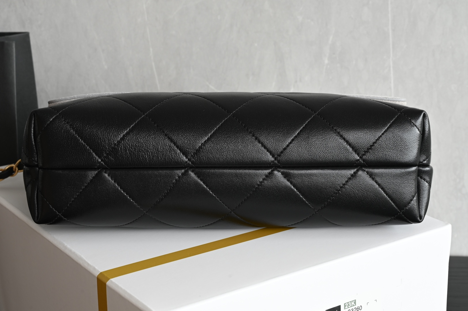 Large Flap Bag With Top Handle in Grey & Black Quilted Suede Lambskin and Shiny Lambskin with Gold-Tone Metal (Model AS5637) - Mocuir