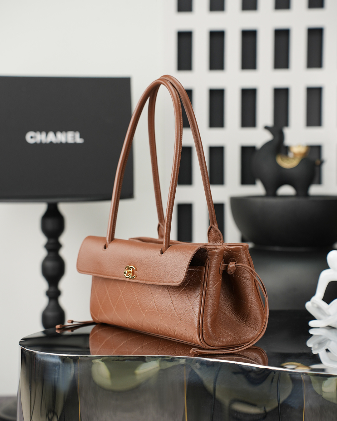 Spring-Summer 2026 Caramel Quilted Caviar Leather Baguette Shoulder Bag with Gold-Tone Hardware & Long Handle - Mocuir