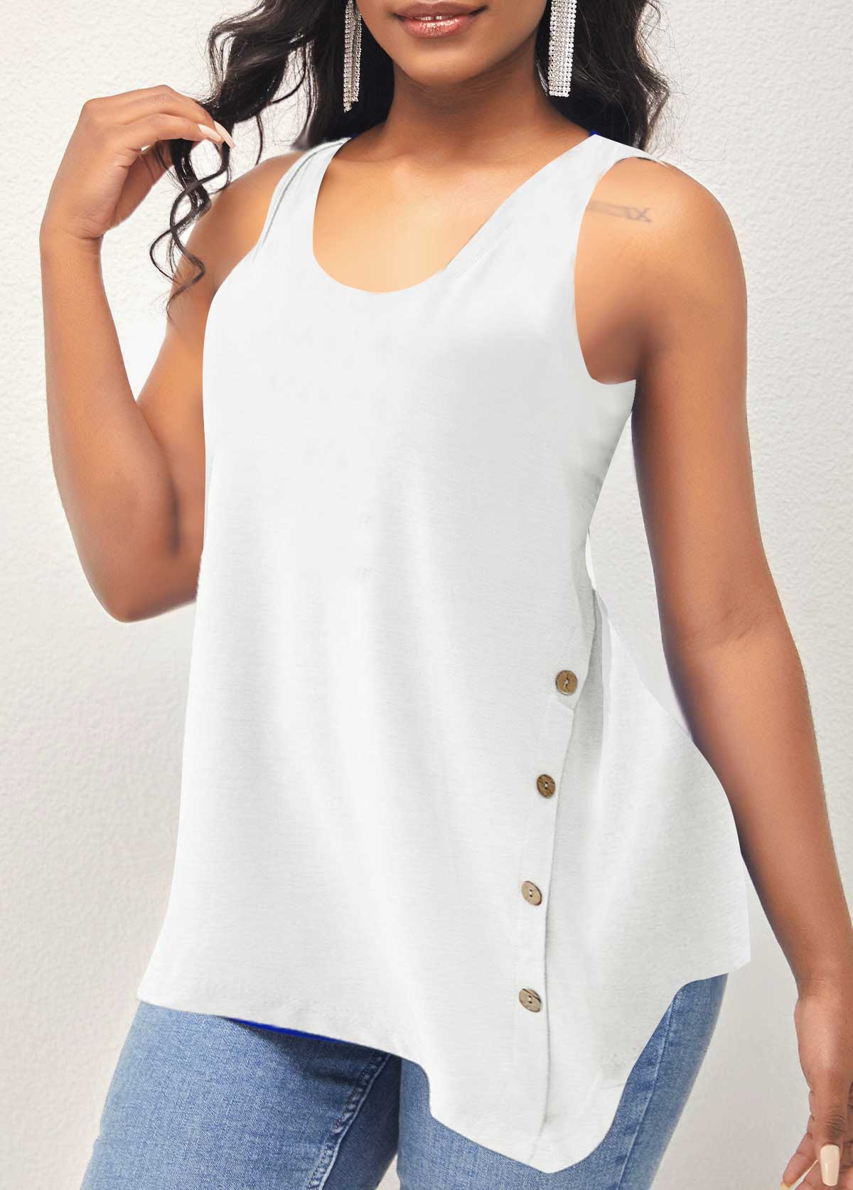 Asymmetric Hem Decorative Button White Tank Top