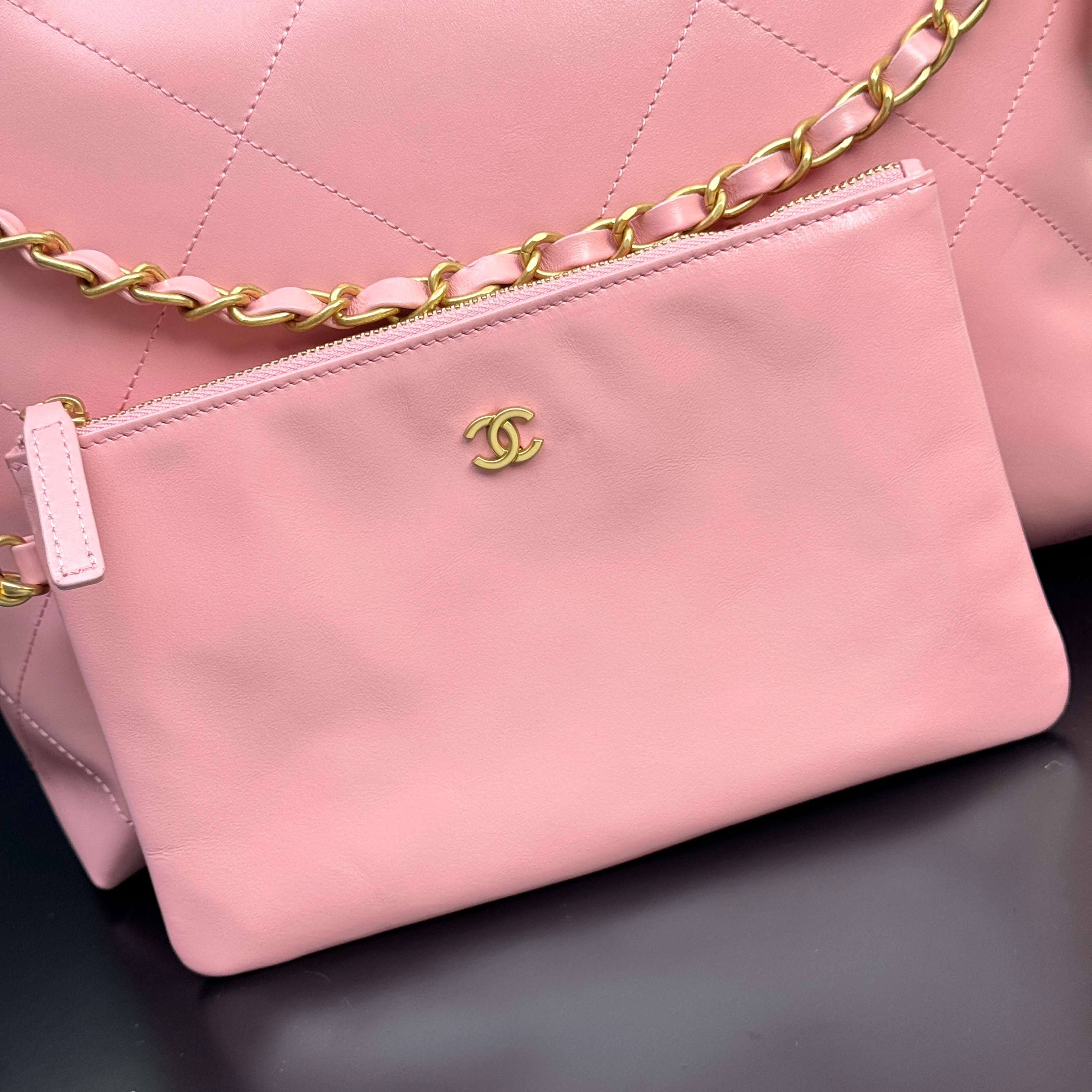 22 Bag Quilted Shiny Calfskin in Light Pink (Gold Hardware) - Mocuir