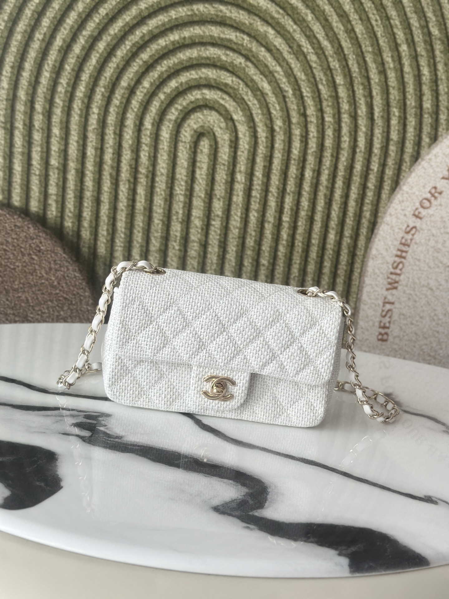 Classic Double Flap Bag in White Tweed with Light Gold Hardware (Model A01112  A69900) - Mocuir