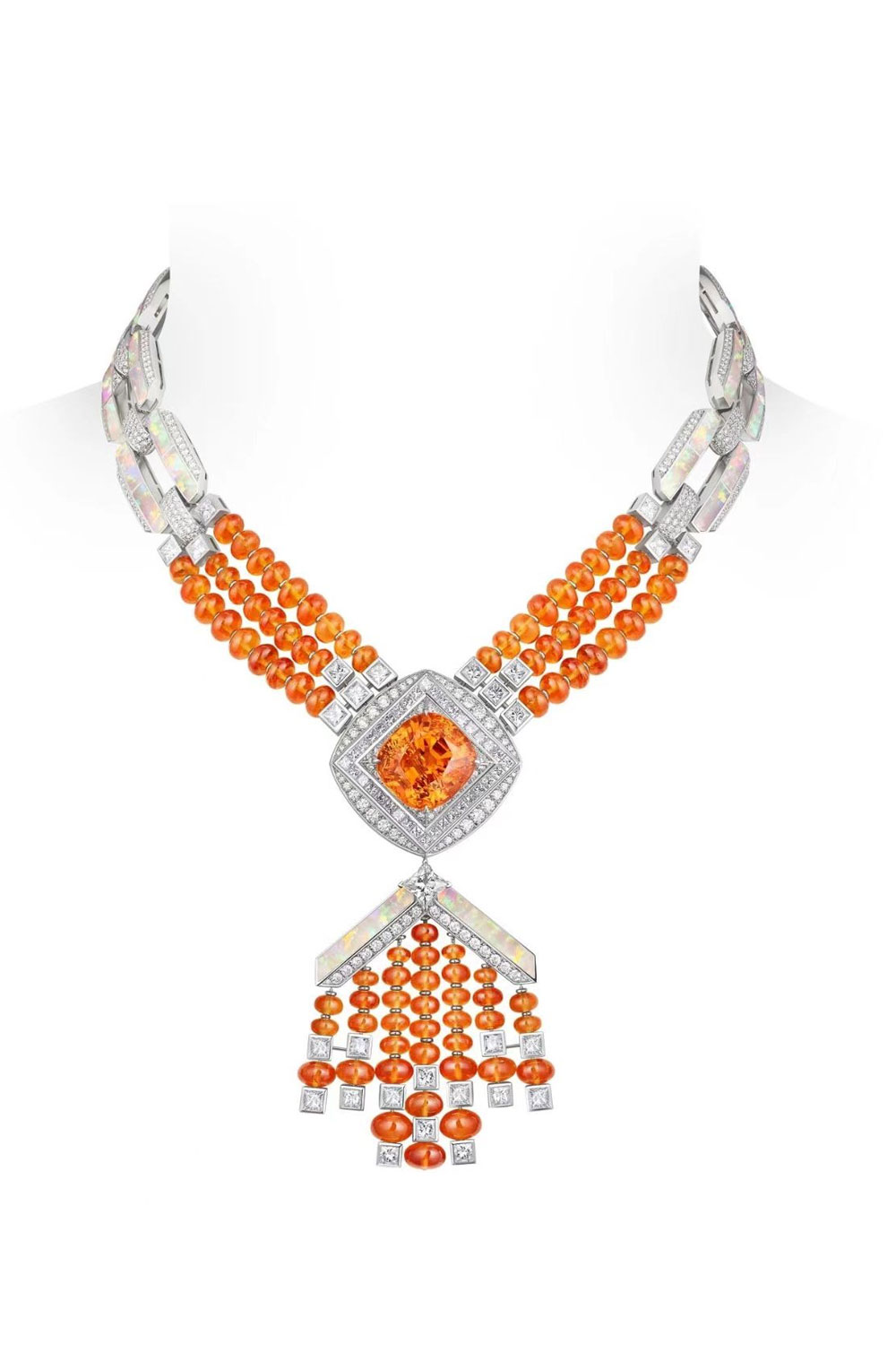 Art Deco Vivid Orange Spessartite Two-Wear Tassel Gala Necklace