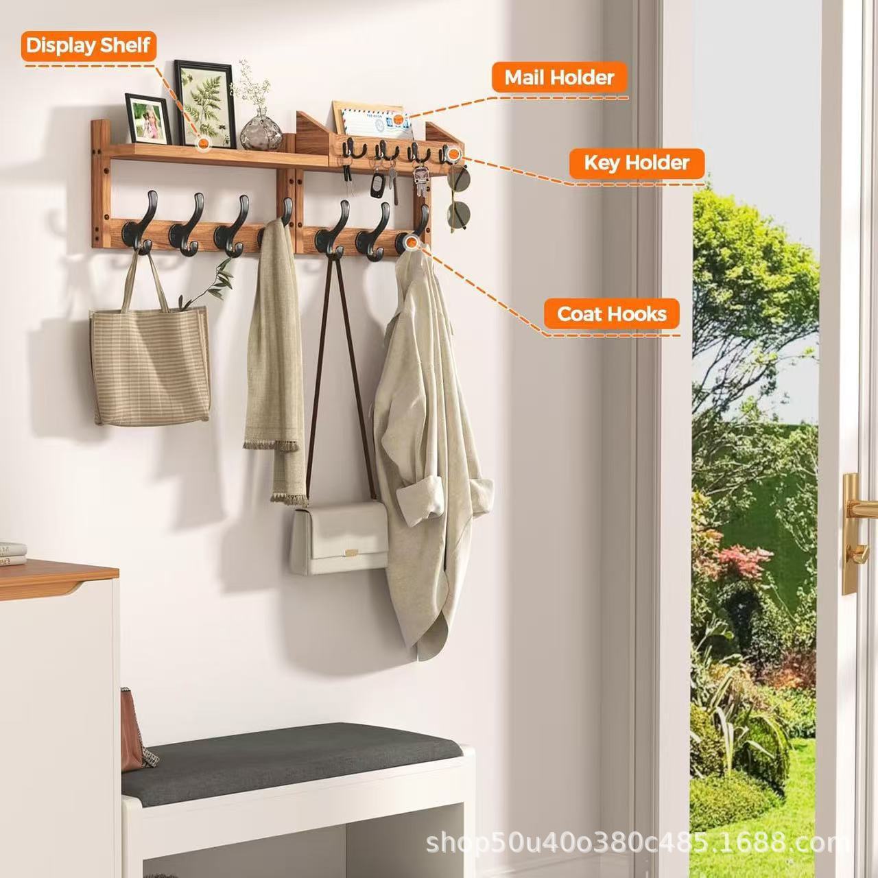 Spot wooden wall rack wall-mounted entrance door porch clothes bag finishing rack solid wood key rack