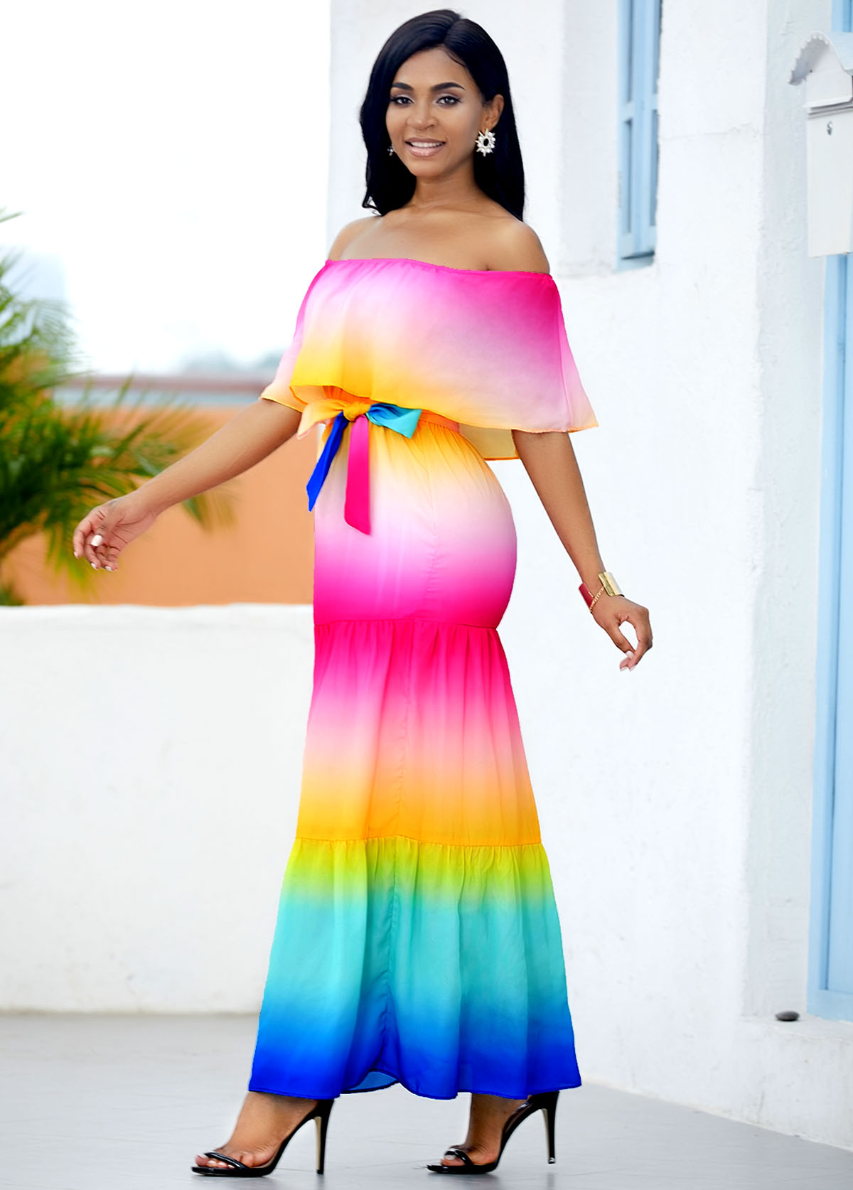 Ruffle Overlay Rainbow Color Printed Maxi Dress
