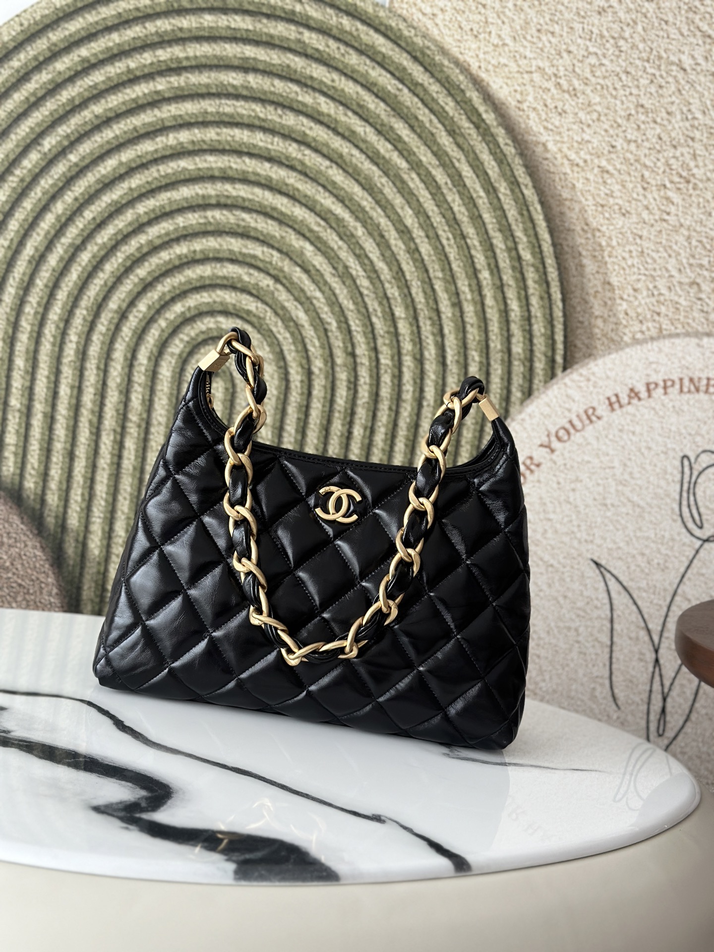 Black Shiny Calfskin Quilted Hobo Bag (Model AS4382) - Mocuir