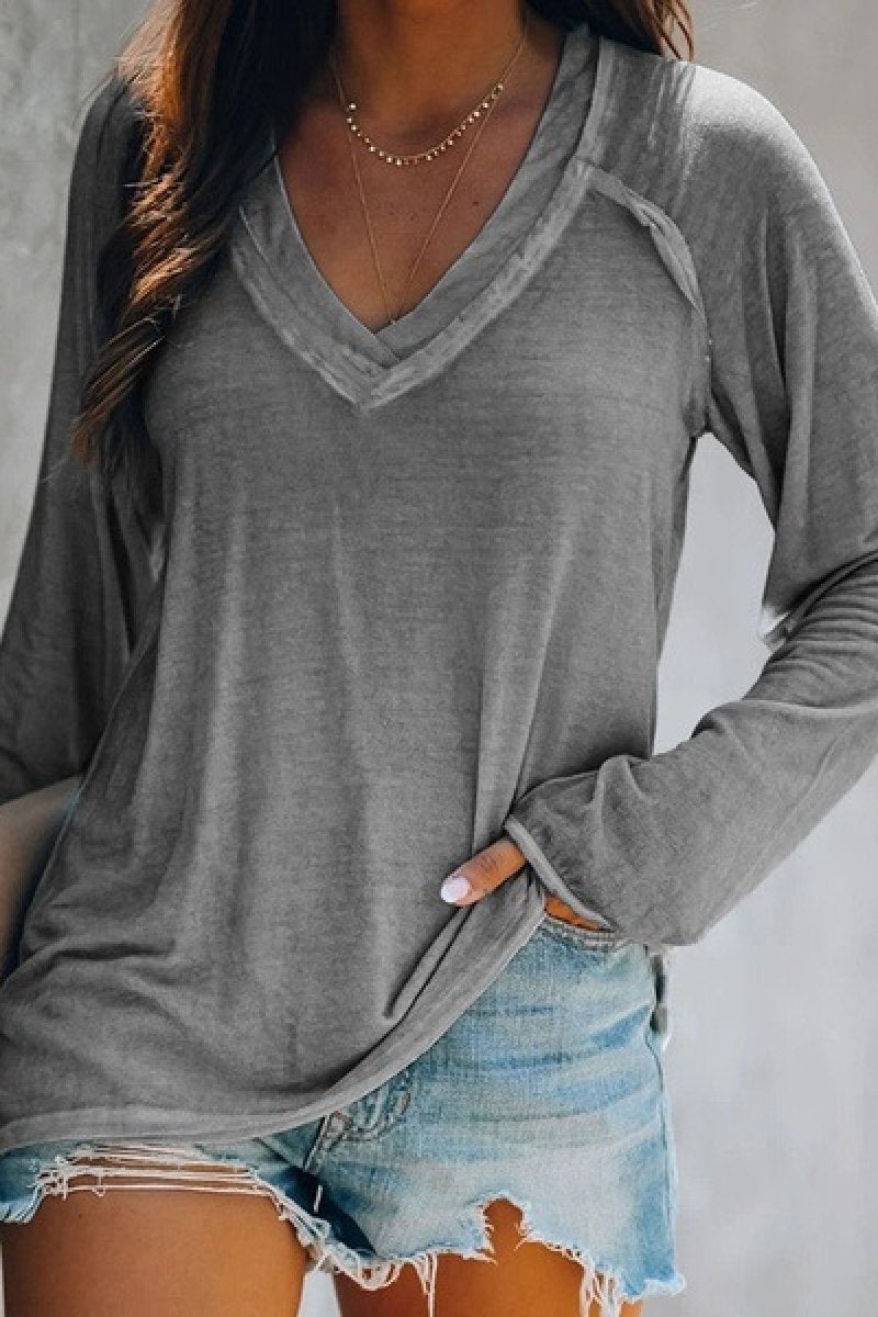 V-Neck Solid Splicing Long-Sleeve T-Shirt