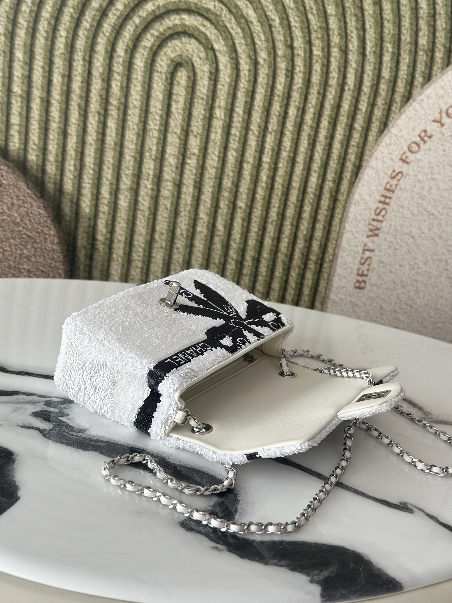 24B White & Black Sequin Bow Mini Classic Flap Bag with Silver-Tone Hardware - Mocuir