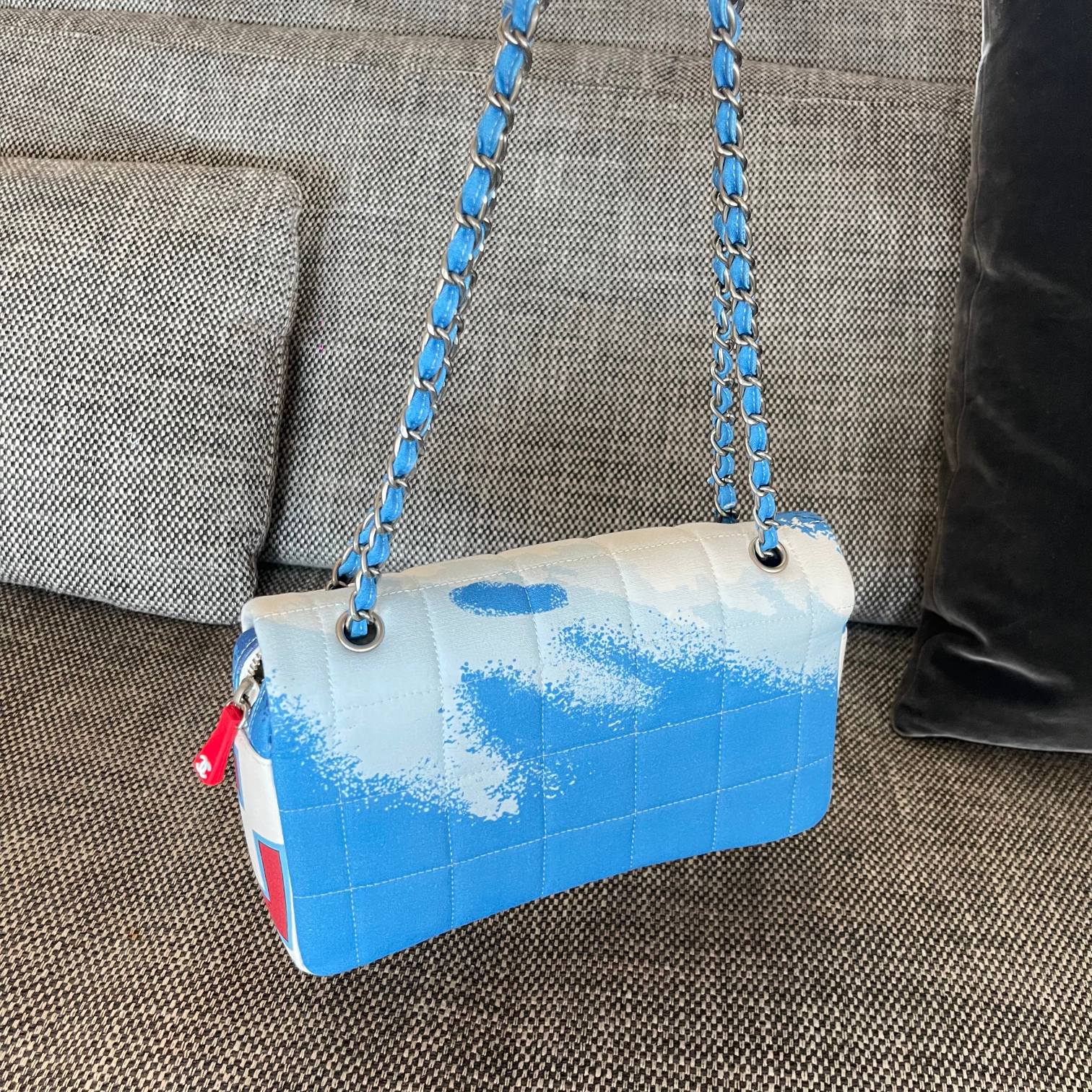 Classic Flap Handbag in Blue-White Ski Print Canvas with Silver-Tone Hardware - Mocuir