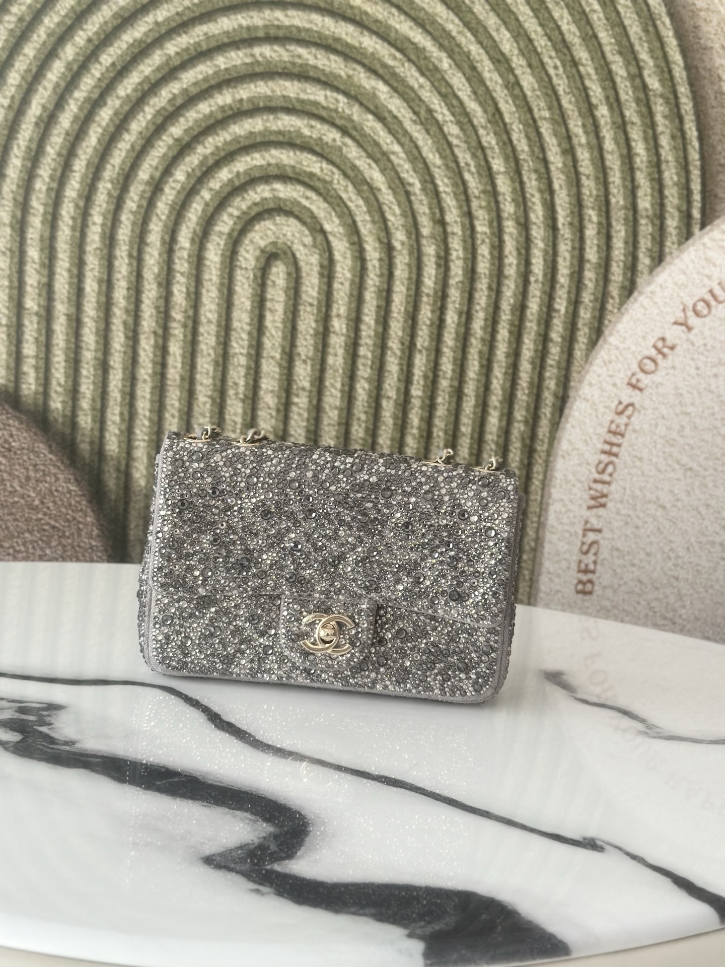 Classic Flap Mini Bag in Silver Grey Strass Crystal Embellished Suede (Gold Hardware) - Mocuir