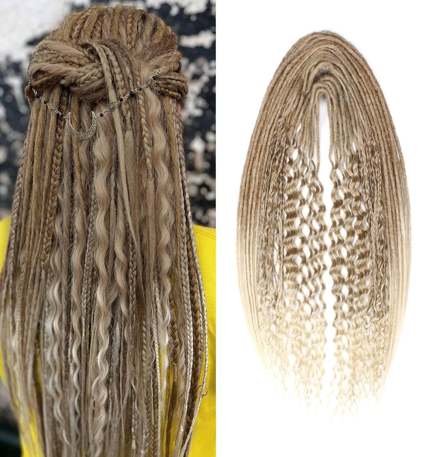 24 Inch 3 In 1 Dreadlock Extensions Sets, 30 Strands Mixed Brown to Blonde Synthetic DE Dreads Extensions, 100% Handmade Soft Double Ended Curly Boho Wavy Dreads for Girls