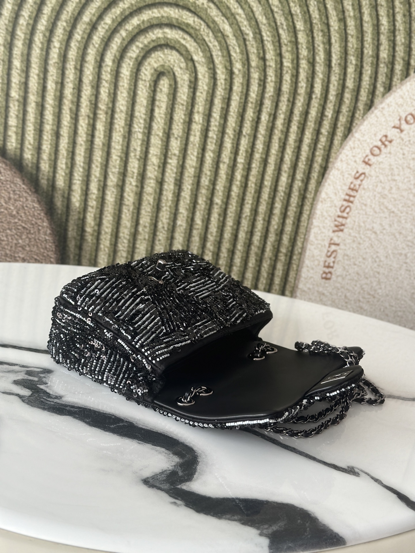 25C Classic Flap Black & White Diagonal Stripe Sequin Bag - Mocuir