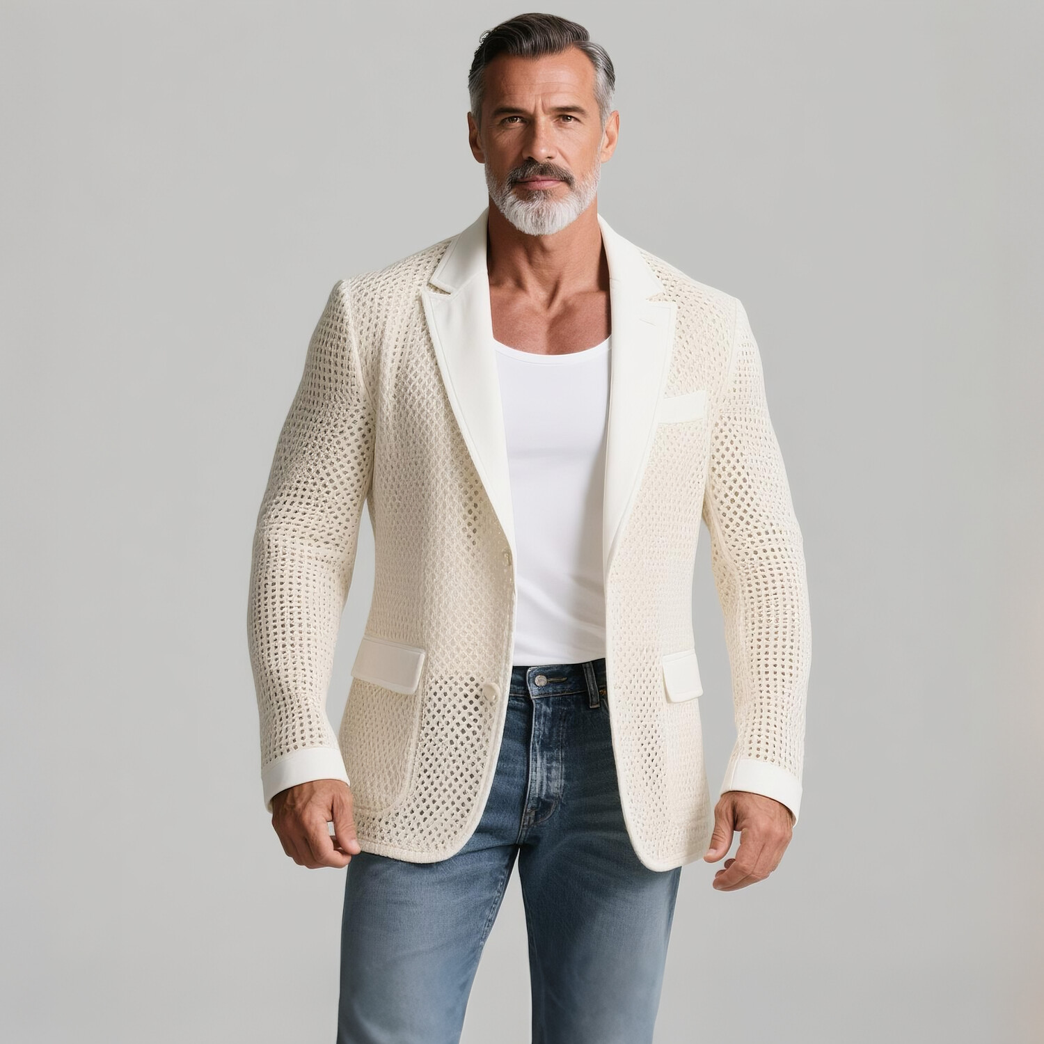 Men's Hollow Crochet Knit Notch Lapel Two Button Long Sleeve Blazer