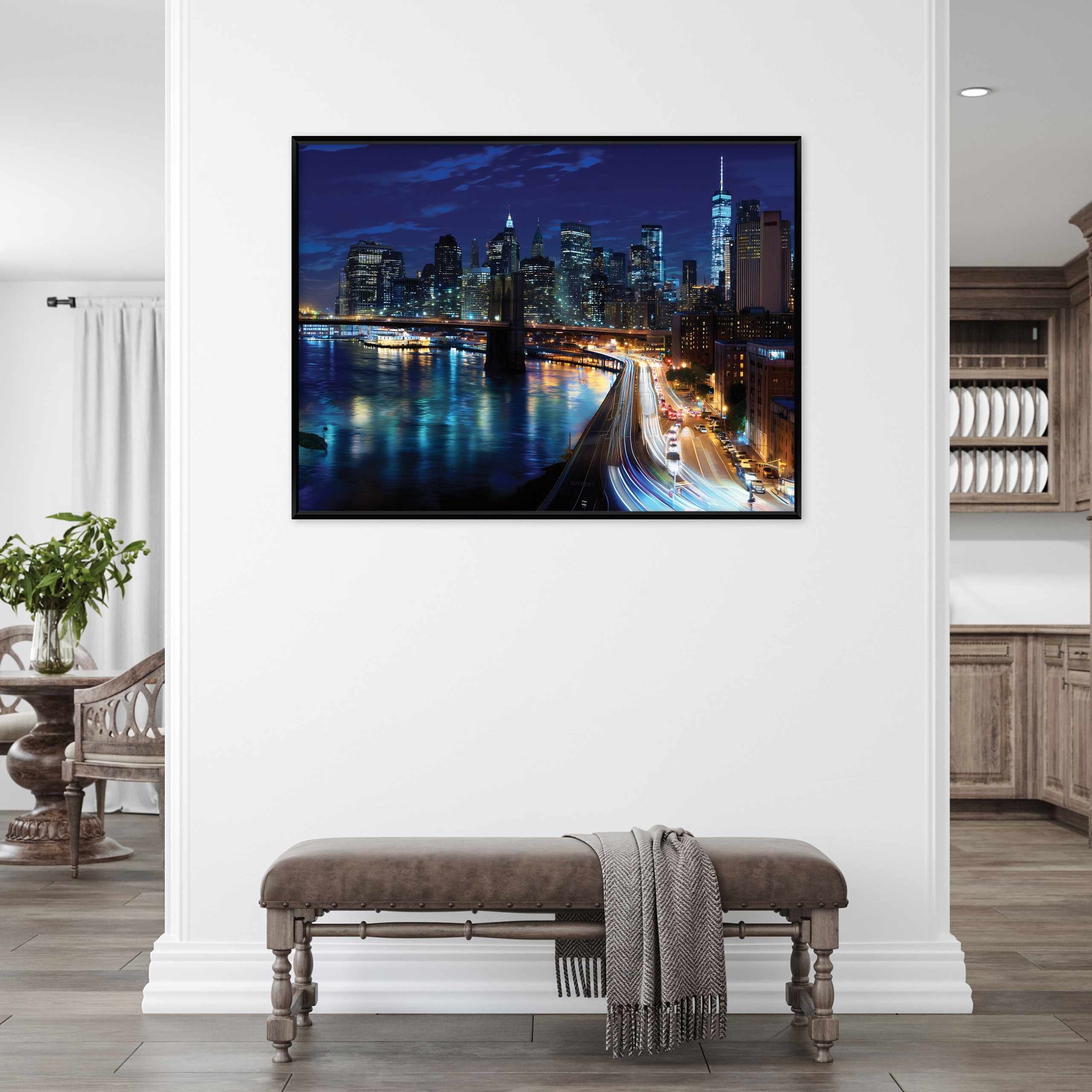 Black-framed canvas painting of a city at night, buildings, living room, bedroom, 40x30