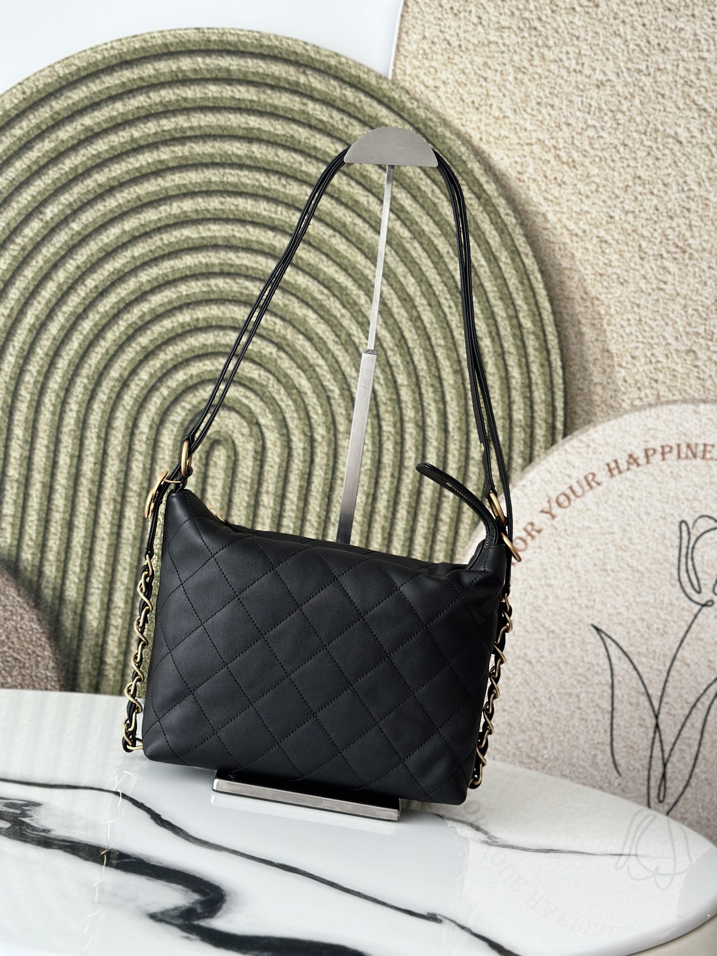 Quilted Calfskin Large Hobo Bag in Black Calfskin with Gold-Tone Hardware - Mocuir