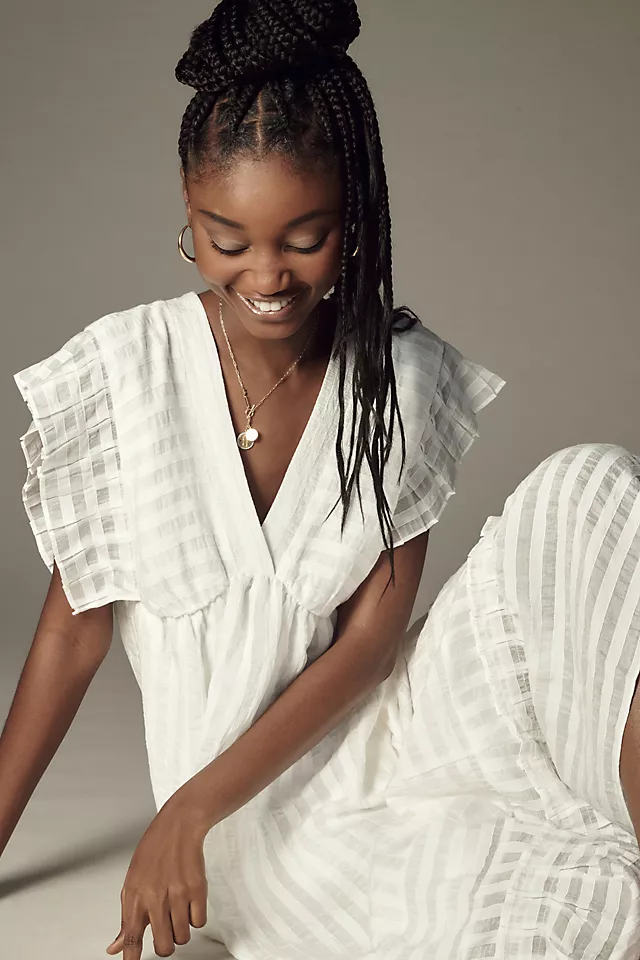 V-Neck Ruffled Tiered Babydoll Dress WHITE