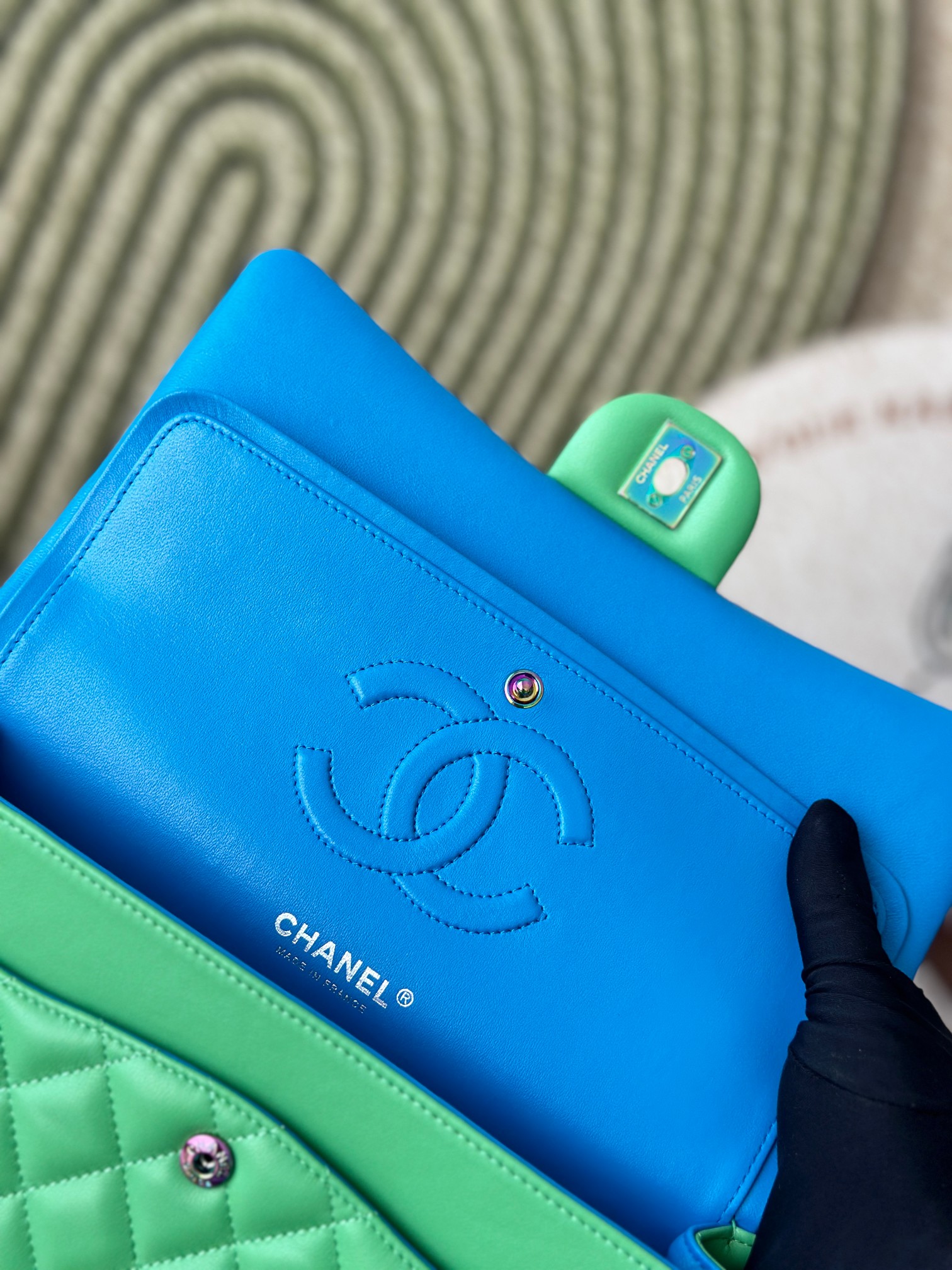 Classic Flap Medium Bag in Avocado Green Lambskin with Iridescent Rainbow Hardware (Model A01112) - Mocuir