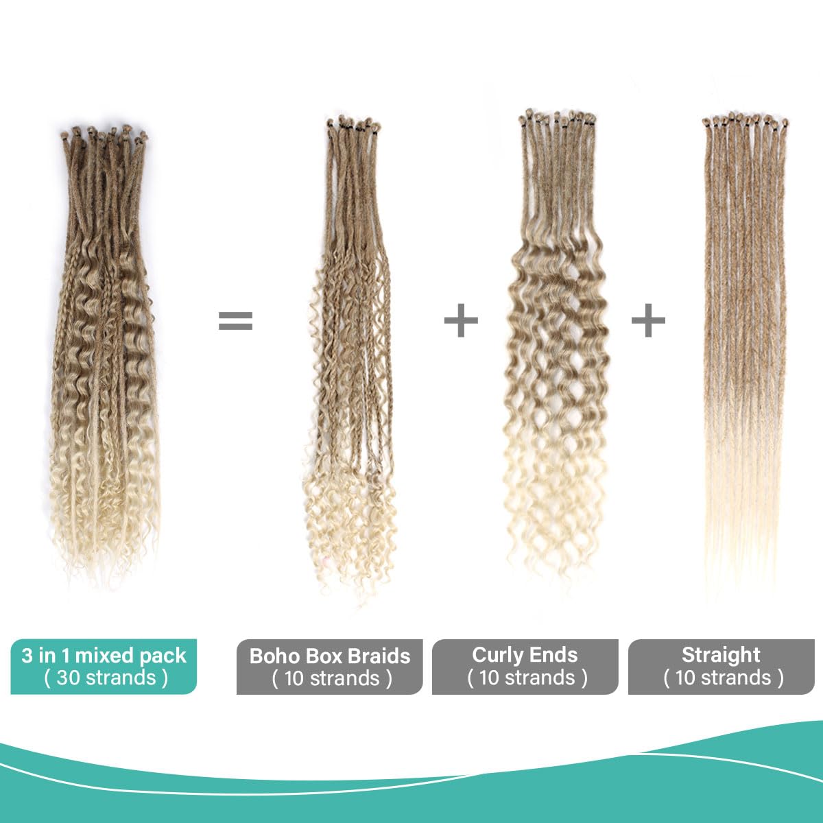 24 Inch 3 In 1 Dreadlock Extensions Sets, 30 Strands Mixed Brown to Blonde Synthetic SE Dreads Extensions, 100% Handmade Soft Single Ended Curly Boho Wavy Dreads for Girls