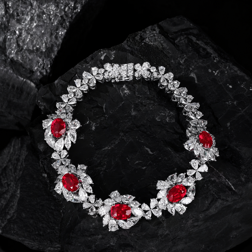 Crimson Blossoms – Ruby and Full-Pavé Diamond Bracelet