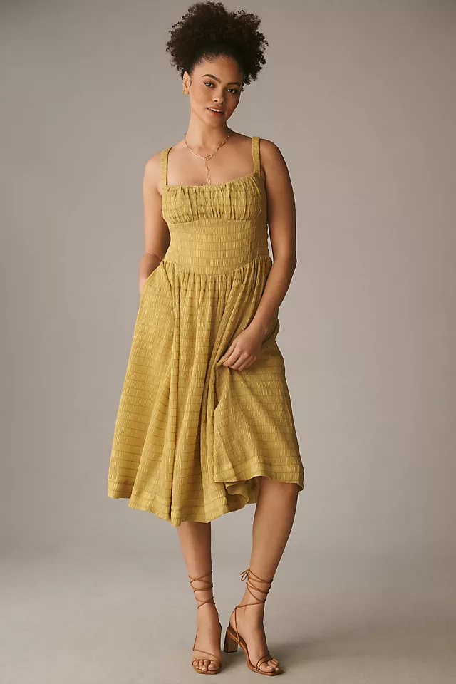 Textured Smocked Midi Dress CHARTREUSE