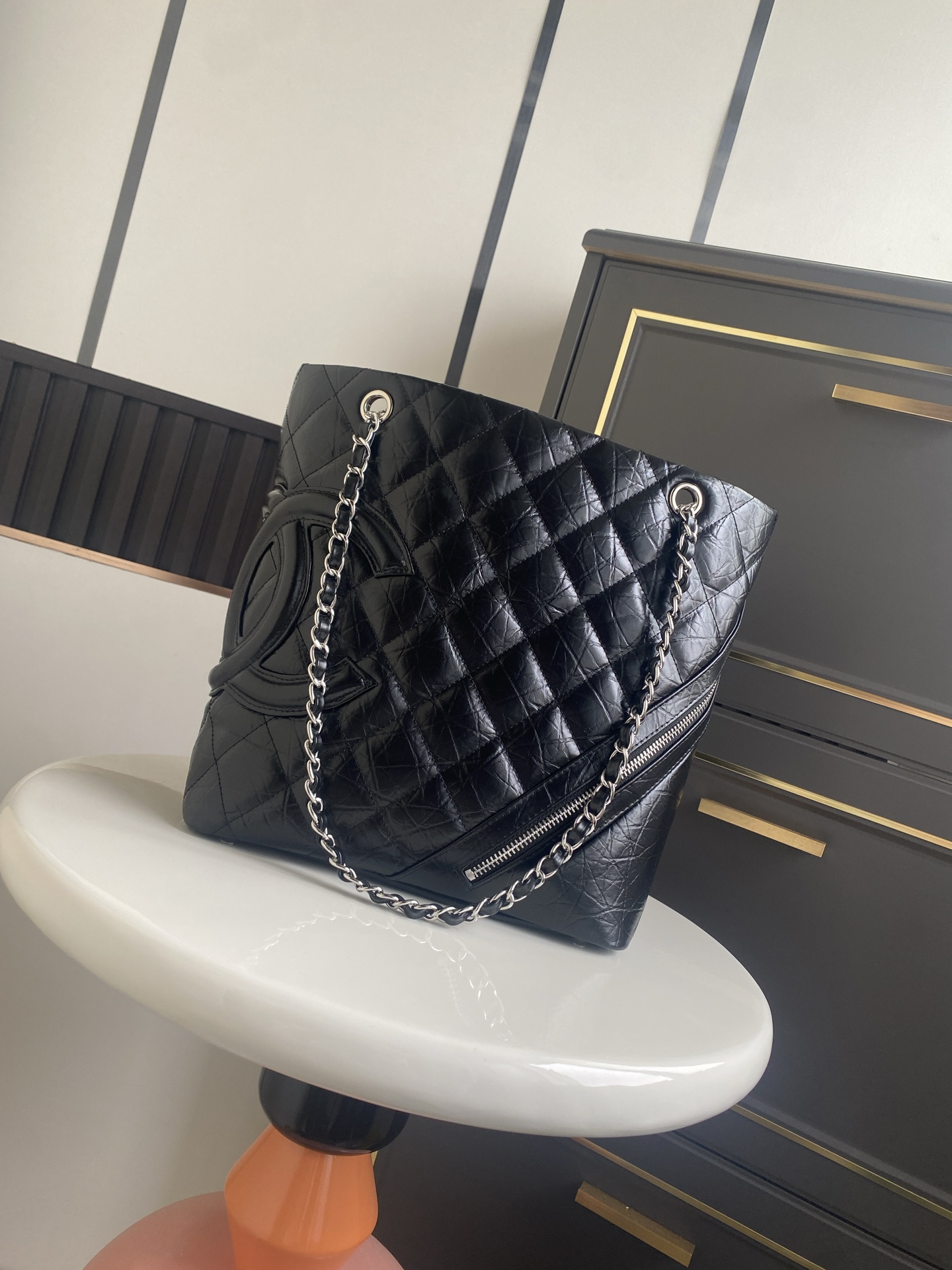 22K Large Shopping Tote Bag (AS3519) in Black Quilted Aged Calfskin with Silver-Tone Hardware - Mocuir